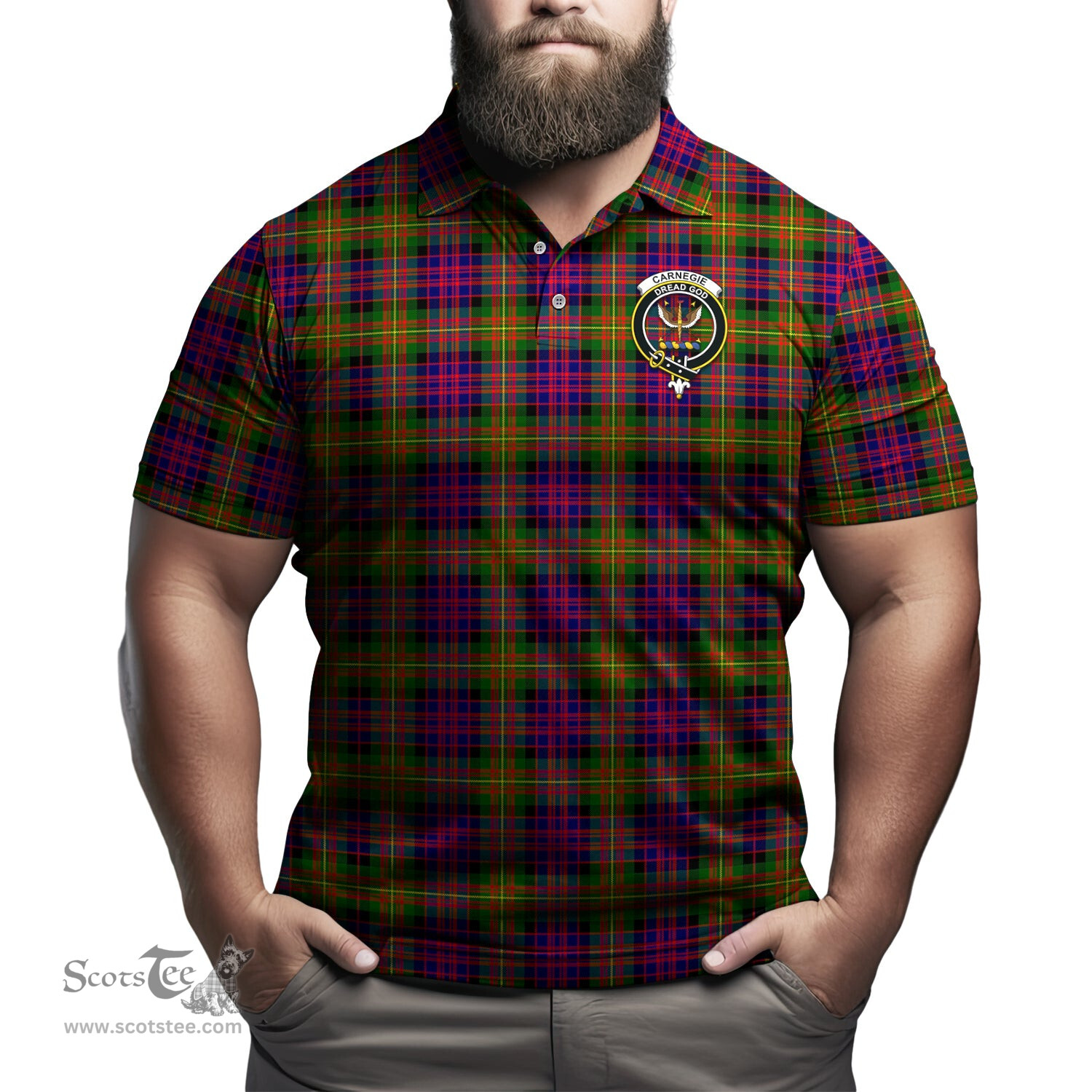 Scottish Carnegie Modern Tartan Mens Polo Shirt with Family Crest Scottish Polo Shirt Scottish Plaid Tartan Plaid - ScotsTee - scotstee.com