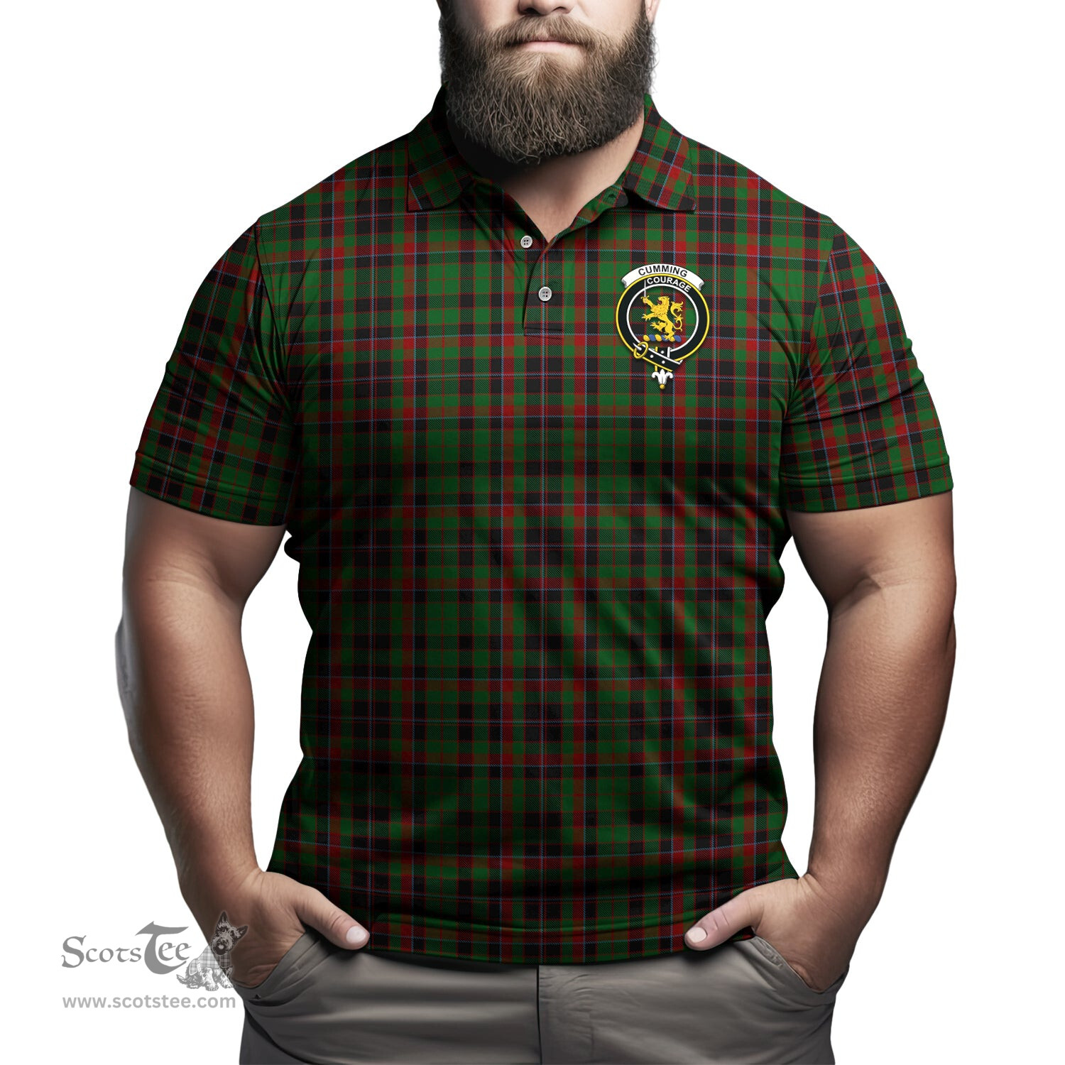 Scottish Cumming Hunting Tartan Mens Polo Shirt with Family Crest Scottish Polo Shirt Scottish Plaid Tartan Plaid - ScotsTee - scotstee.com