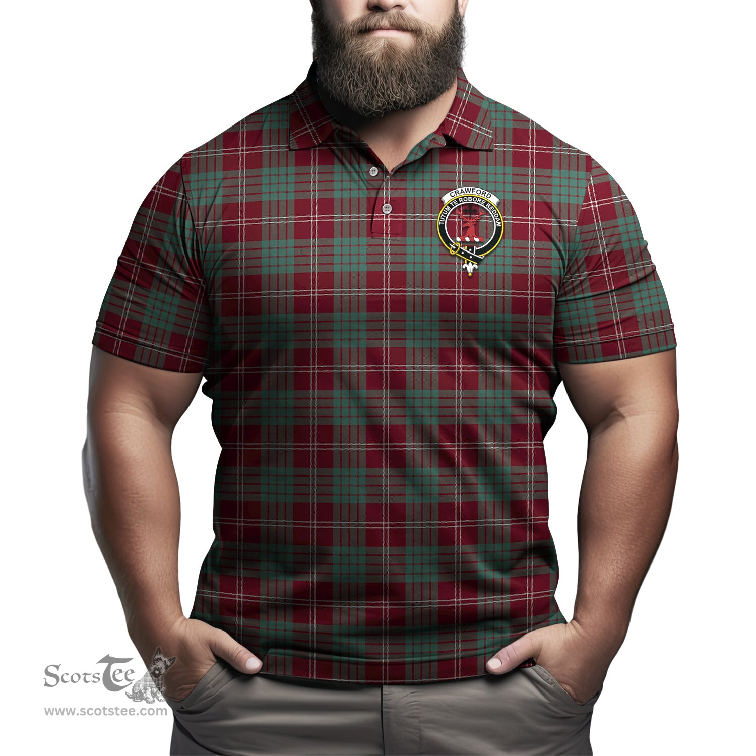 Scottish Crawford Modern Tartan Mens Polo Shirt with Family Crest Scottish Polo Shirt Scottish Plaid Tartan Plaid - ScotsTee - scotstee.com