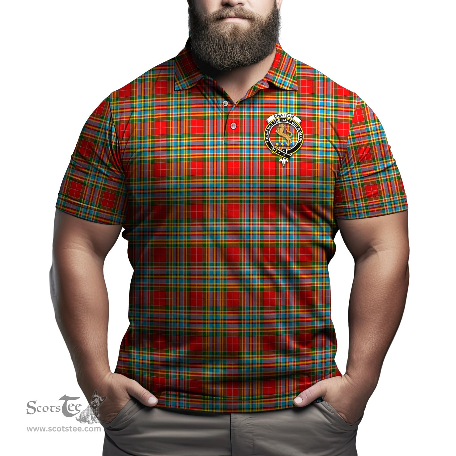 Scottish Chattan Tartan Mens Polo Shirt with Family Crest Scottish Polo Shirt Scottish Plaid Tartan Plaid - ScotsTee - scotstee.com