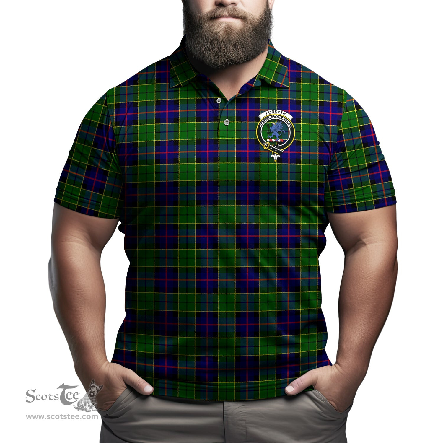 Scottish Forsyth Modern Tartan Mens Polo Shirt with Family Crest Scottish Polo Shirt Scottish Plaid Tartan Plaid - ScotsTee - scotstee.com