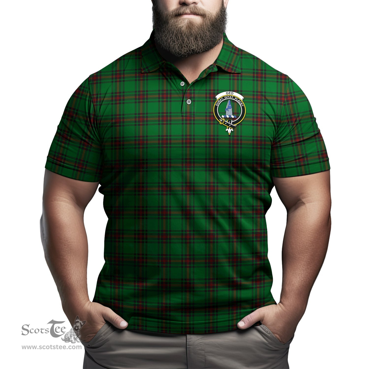 Scottish Ged Tartan Mens Polo Shirt with Family Crest Scottish Polo Shirt Scottish Plaid Tartan Plaid - ScotsTee - scotstee.com