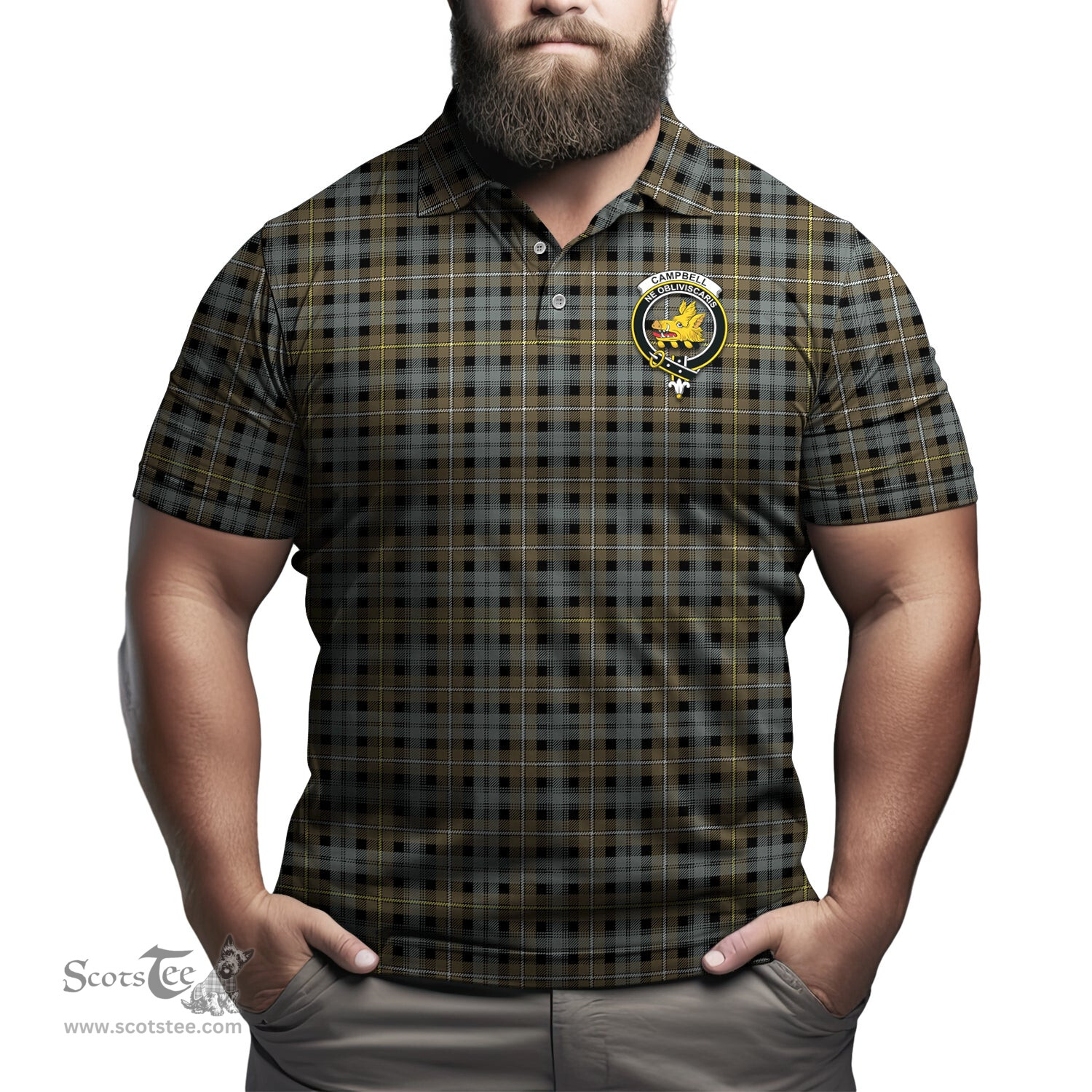 Scottish Campbell Argyll Weathered Tartan Mens Polo Shirt with Family Crest Scottish Polo Shirt Scottish Plaid Tartan Plaid - ScotsTee - scotstee.com