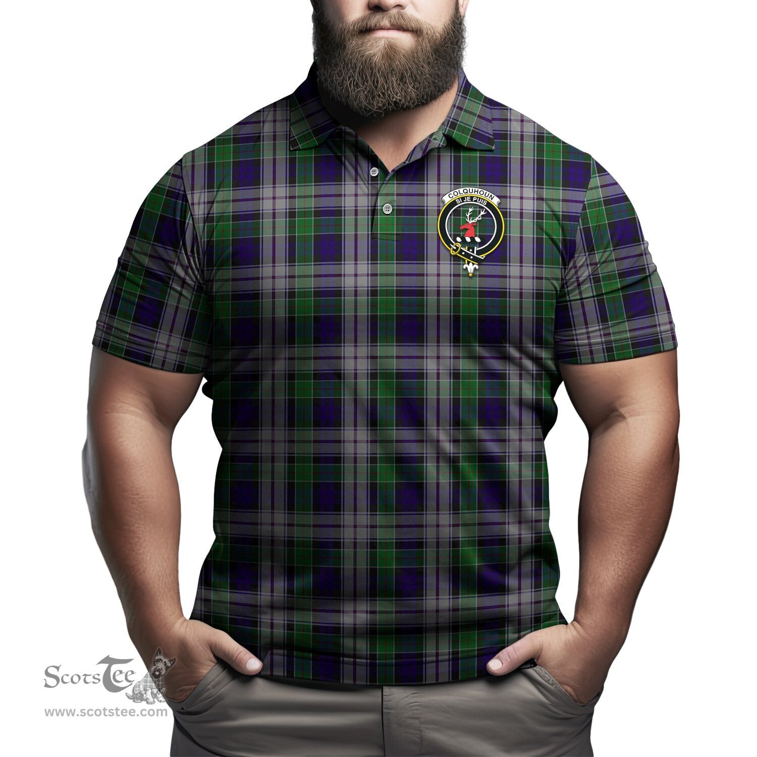 Scottish Colquhoun Dress Tartan Mens Polo Shirt with Family Crest Scottish Polo Shirt Scottish Plaid Tartan Plaid - ScotsTee - scotstee.com