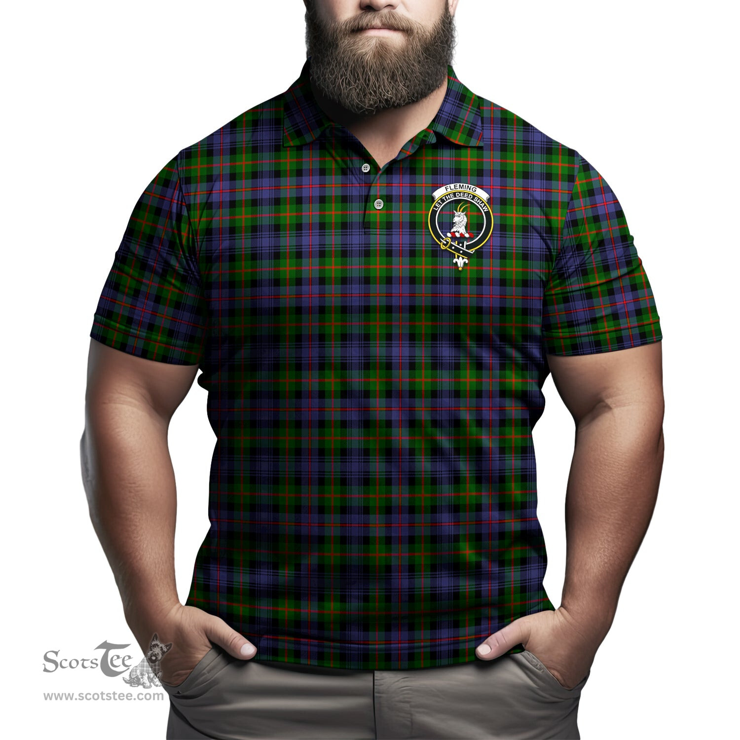 Scottish Fleming Tartan Mens Polo Shirt with Family Crest Scottish Polo Shirt Scottish Plaid Tartan Plaid - ScotsTee - scotstee.com