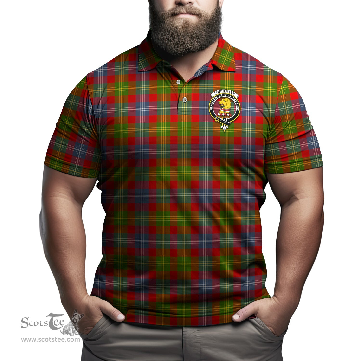 Scottish Forrester Tartan Mens Polo Shirt with Family Crest Scottish Polo Shirt Scottish Plaid Tartan Plaid - ScotsTee - scotstee.com