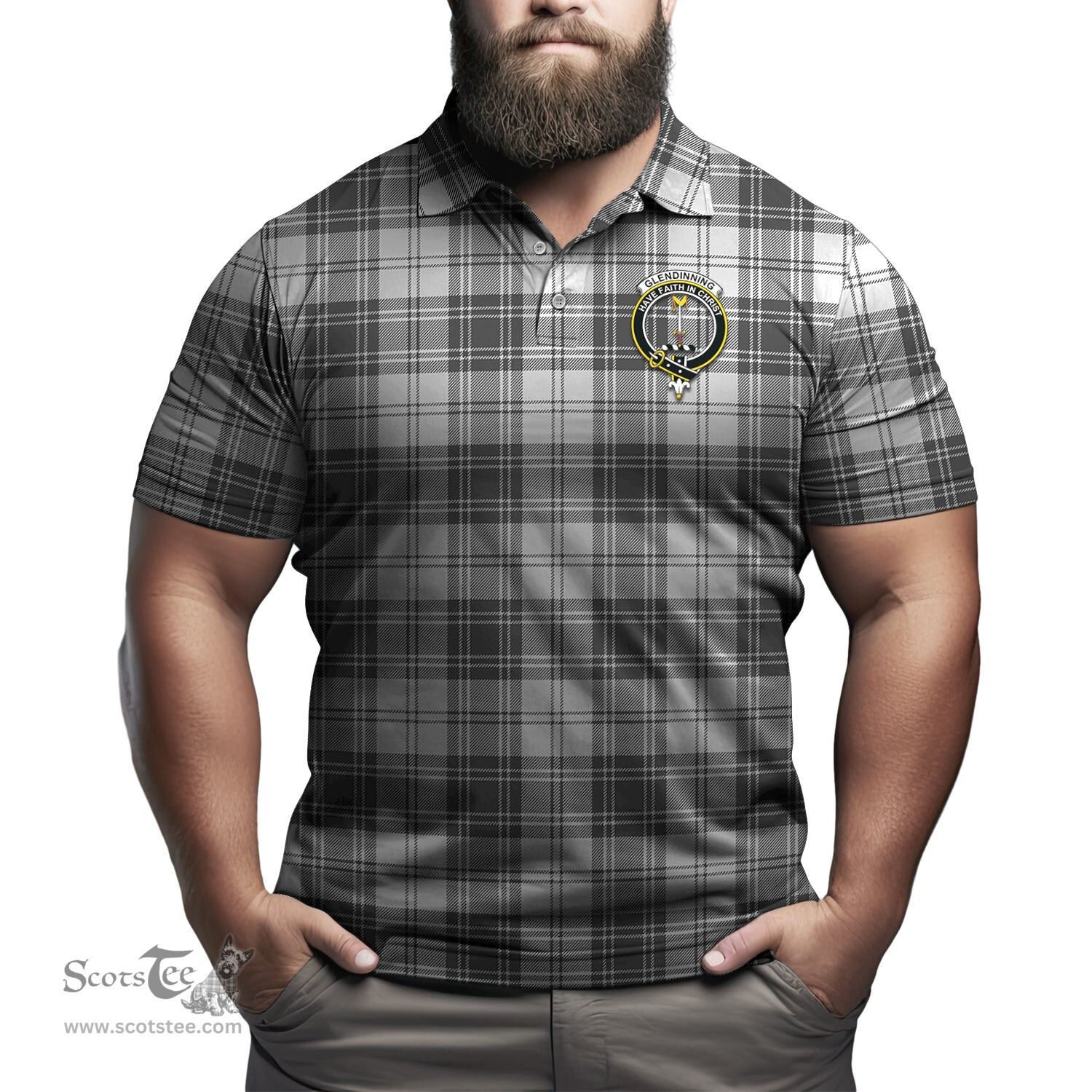 Scottish Glendinning Tartan Mens Polo Shirt with Family Crest Scottish Polo Shirt Scottish Plaid Tartan Plaid - ScotsTee - scotstee.com