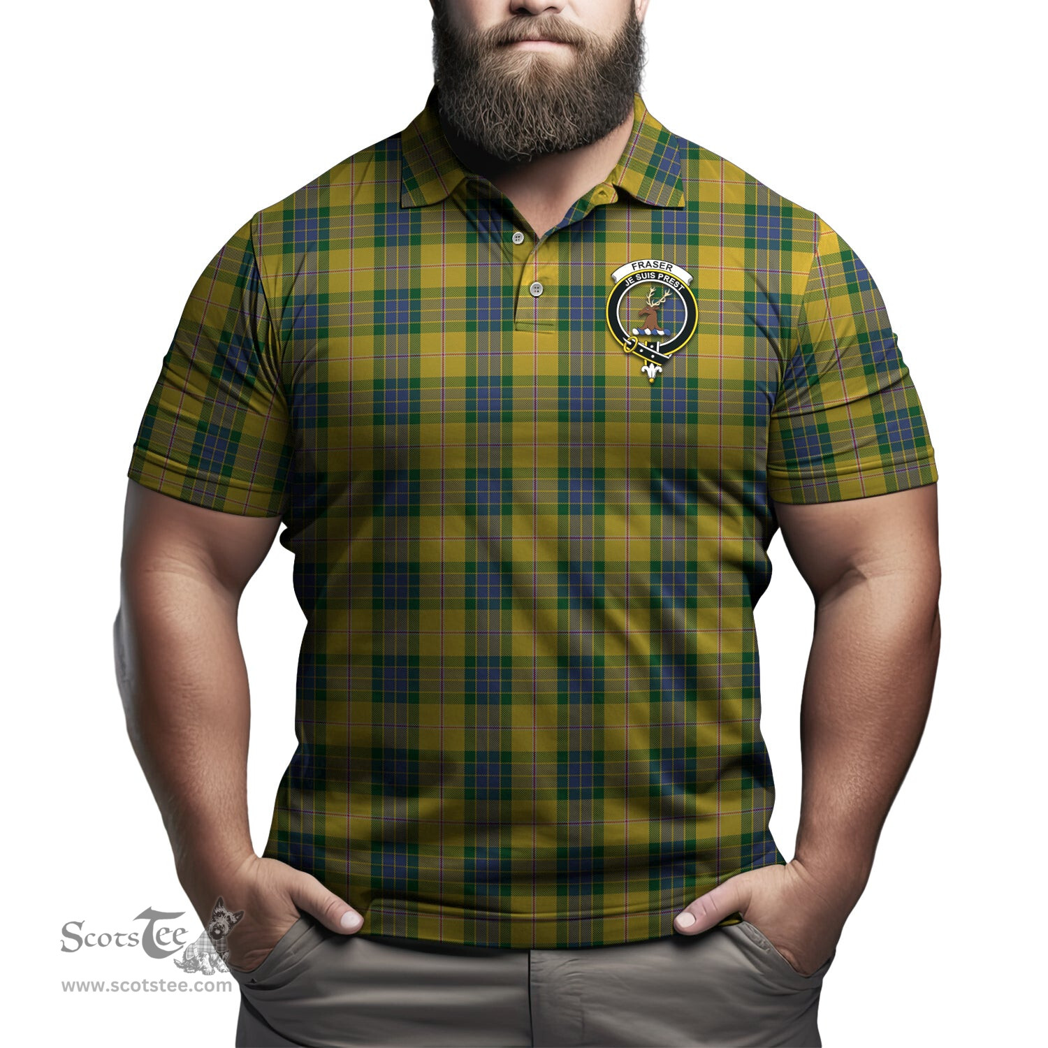 Scottish Fraser Yellow Tartan Mens Polo Shirt with Family Crest Scottish Polo Shirt Scottish Plaid Tartan Plaid - ScotsTee - scotstee.com