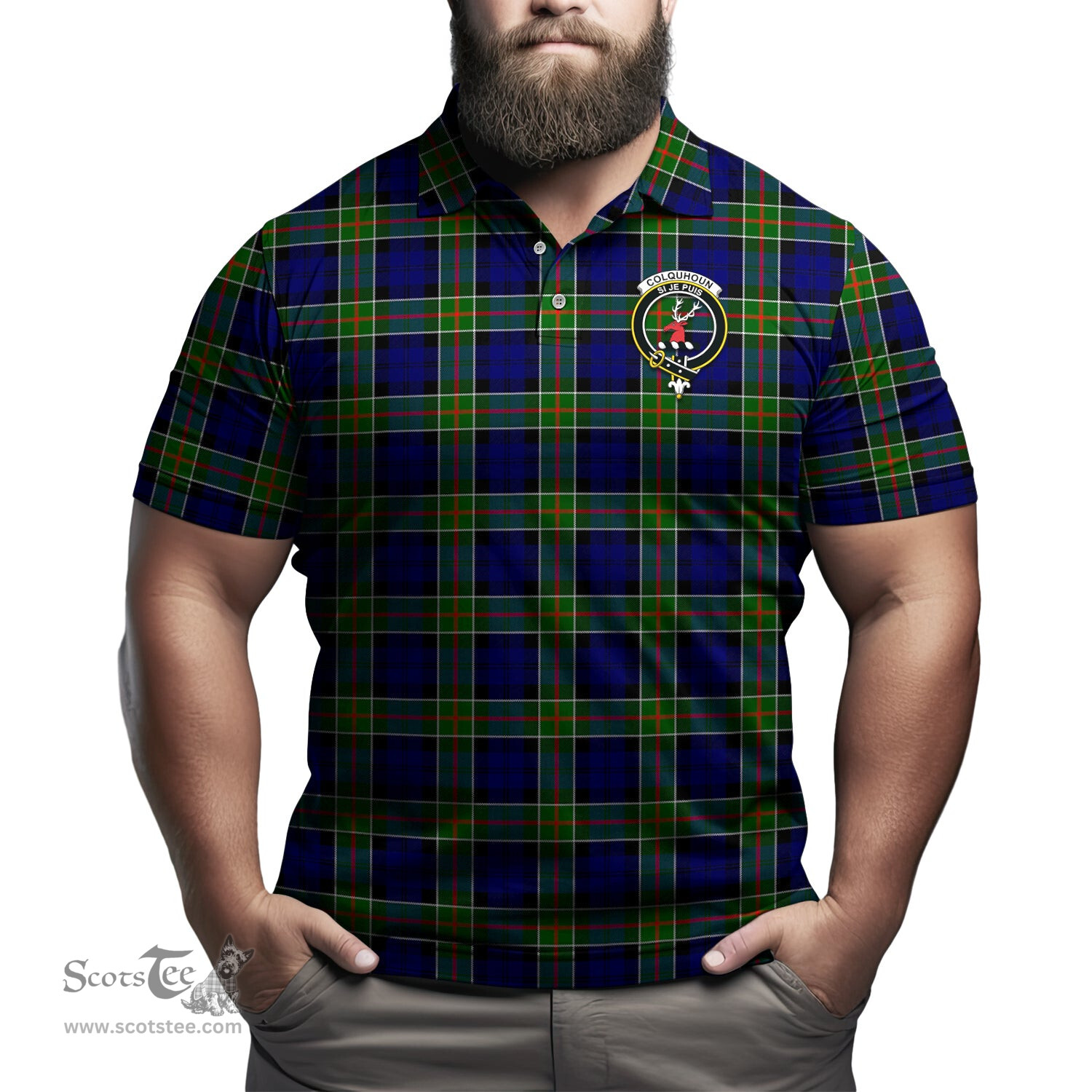 Scottish Colquhoun Modern Tartan Mens Polo Shirt with Family Crest Scottish Polo Shirt Scottish Plaid Tartan Plaid - ScotsTee - scotstee.com
