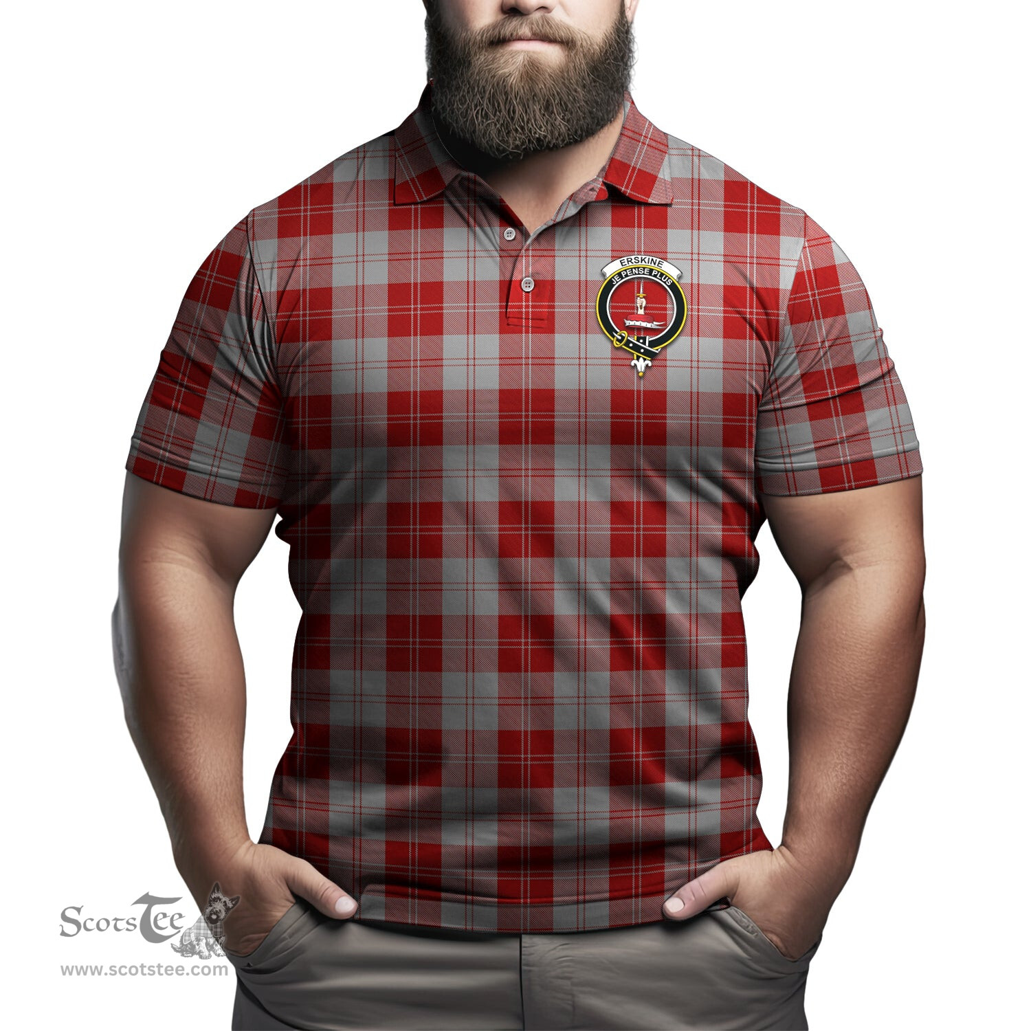 Scottish Erskine Red Tartan Mens Polo Shirt with Family Crest Scottish Polo Shirt Scottish Plaid Tartan Plaid - ScotsTee - scotstee.com