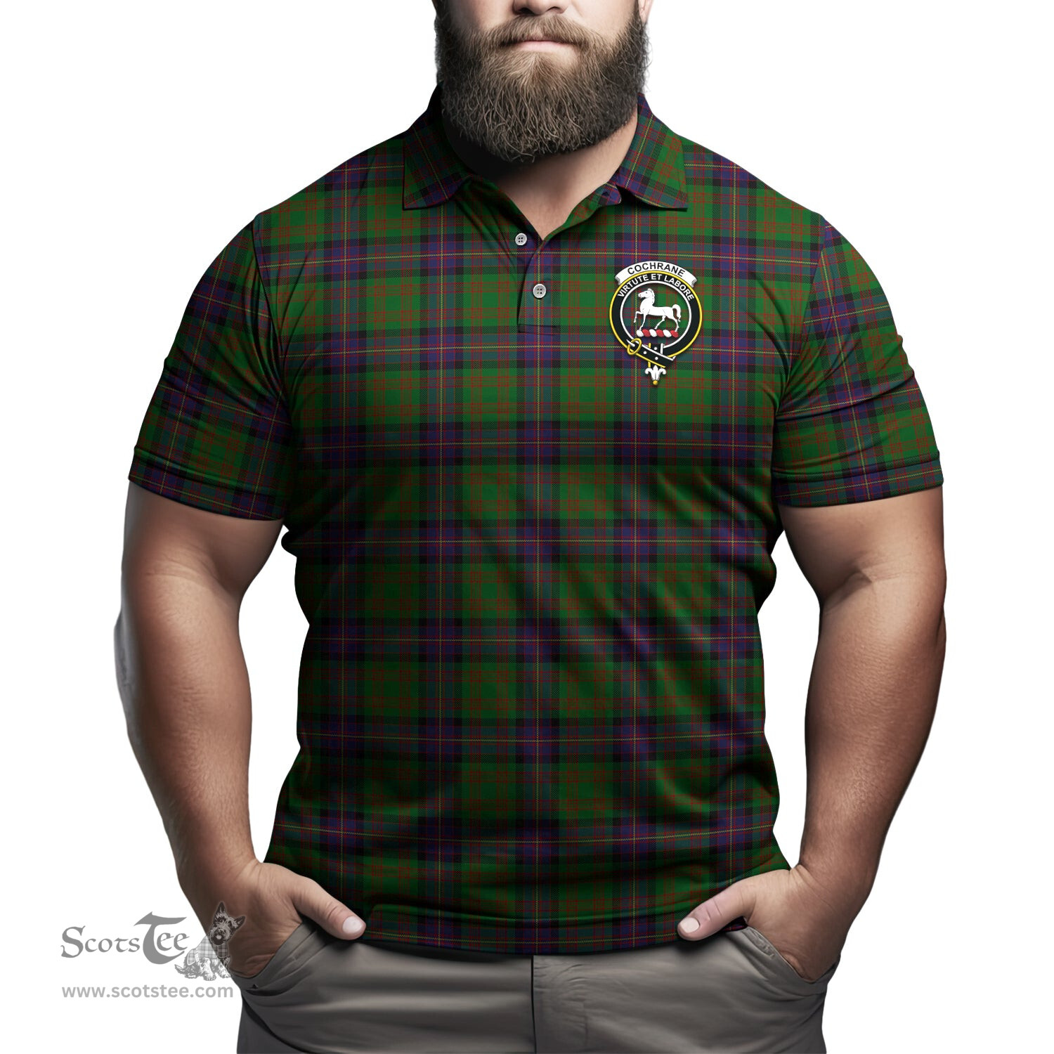 Scottish Cochrane Tartan Mens Polo Shirt with Family Crest Scottish Polo Shirt Scottish Plaid Tartan Plaid - ScotsTee - scotstee.com