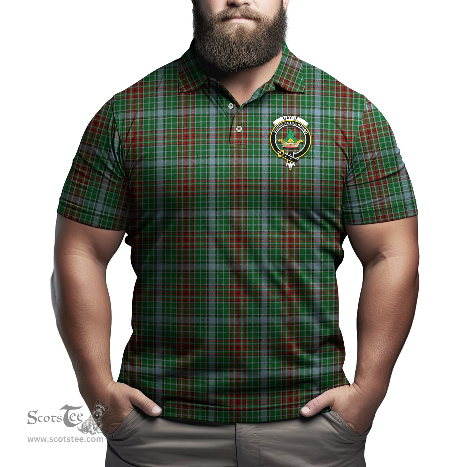 Scottish Gayre Tartan Mens Polo Shirt with Family Crest Scottish Polo Shirt Scottish Plaid Tartan Plaid - ScotsTee - scotstee.com
