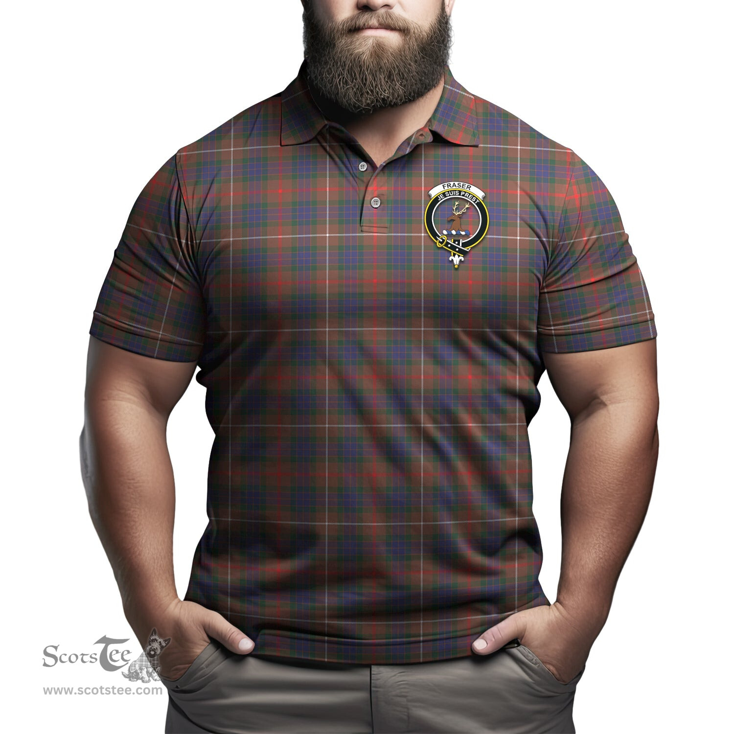 Scottish Fraser Hunting Modern Tartan Mens Polo Shirt with Family Crest Scottish Polo Shirt Scottish Plaid Tartan Plaid - ScotsTee - scotstee.com