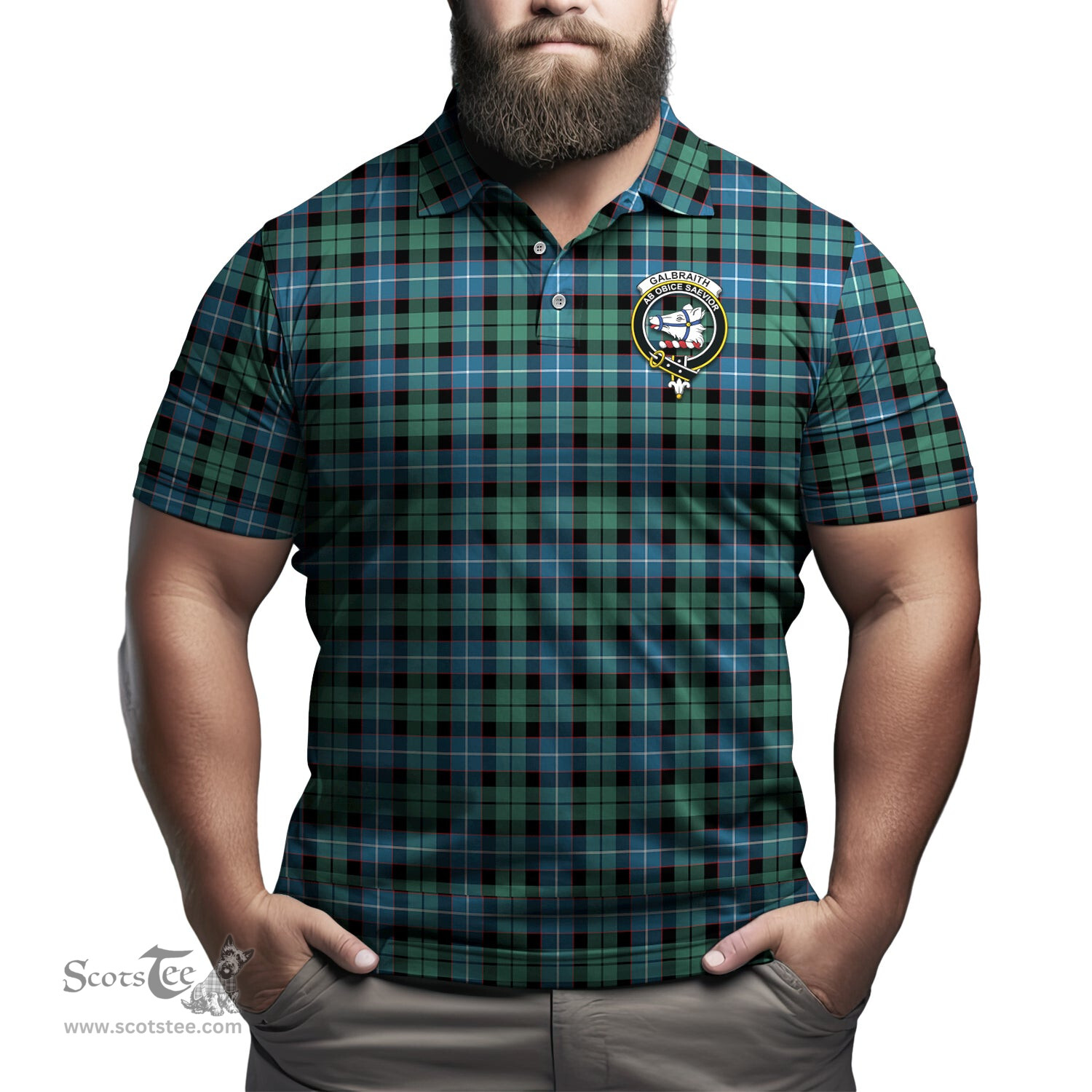 Scottish Galbraith Ancient Tartan Mens Polo Shirt with Family Crest Scottish Polo Shirt Scottish Plaid Tartan Plaid - ScotsTee - scotstee.com