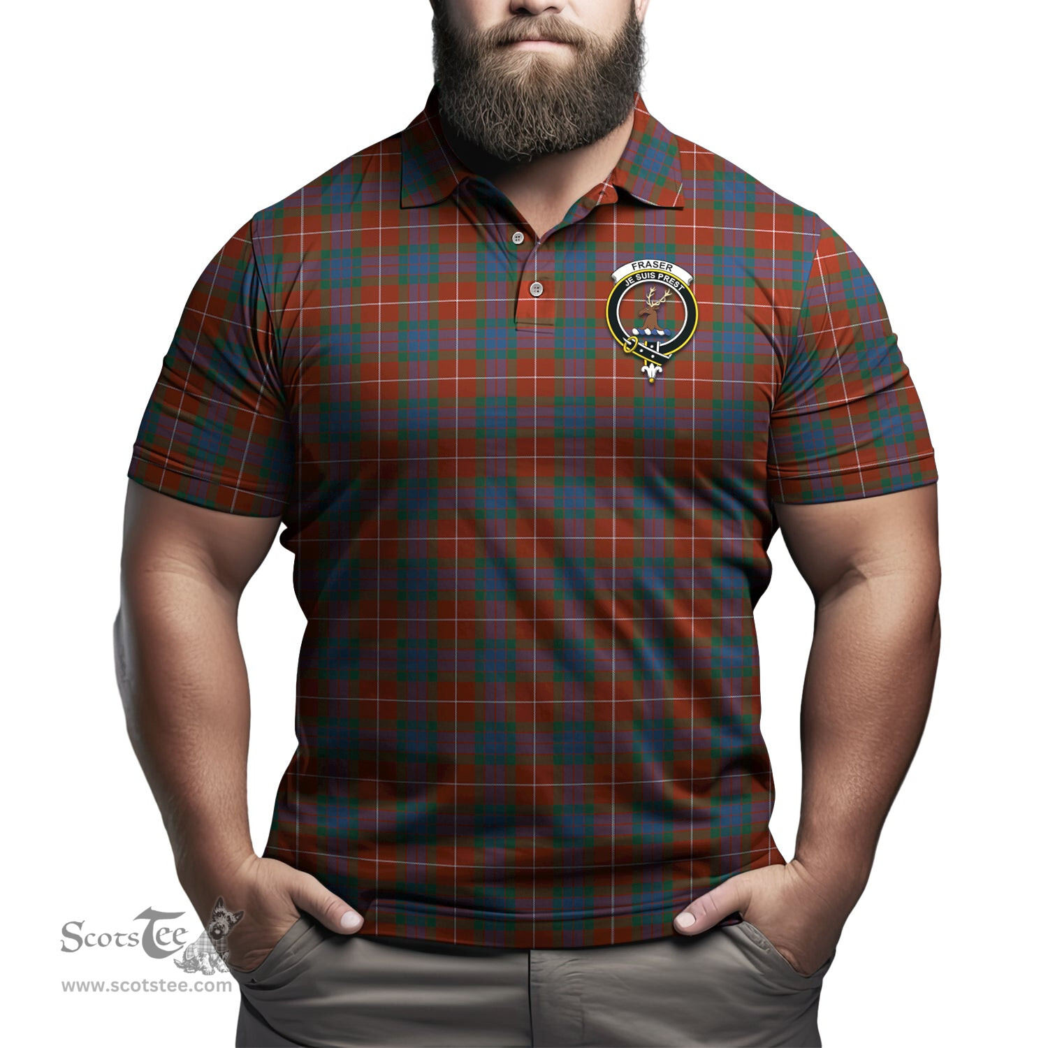 Scottish Fraser Ancient Tartan Mens Polo Shirt with Family Crest Scottish Polo Shirt Scottish Plaid Tartan Plaid - ScotsTee - scotstee.com