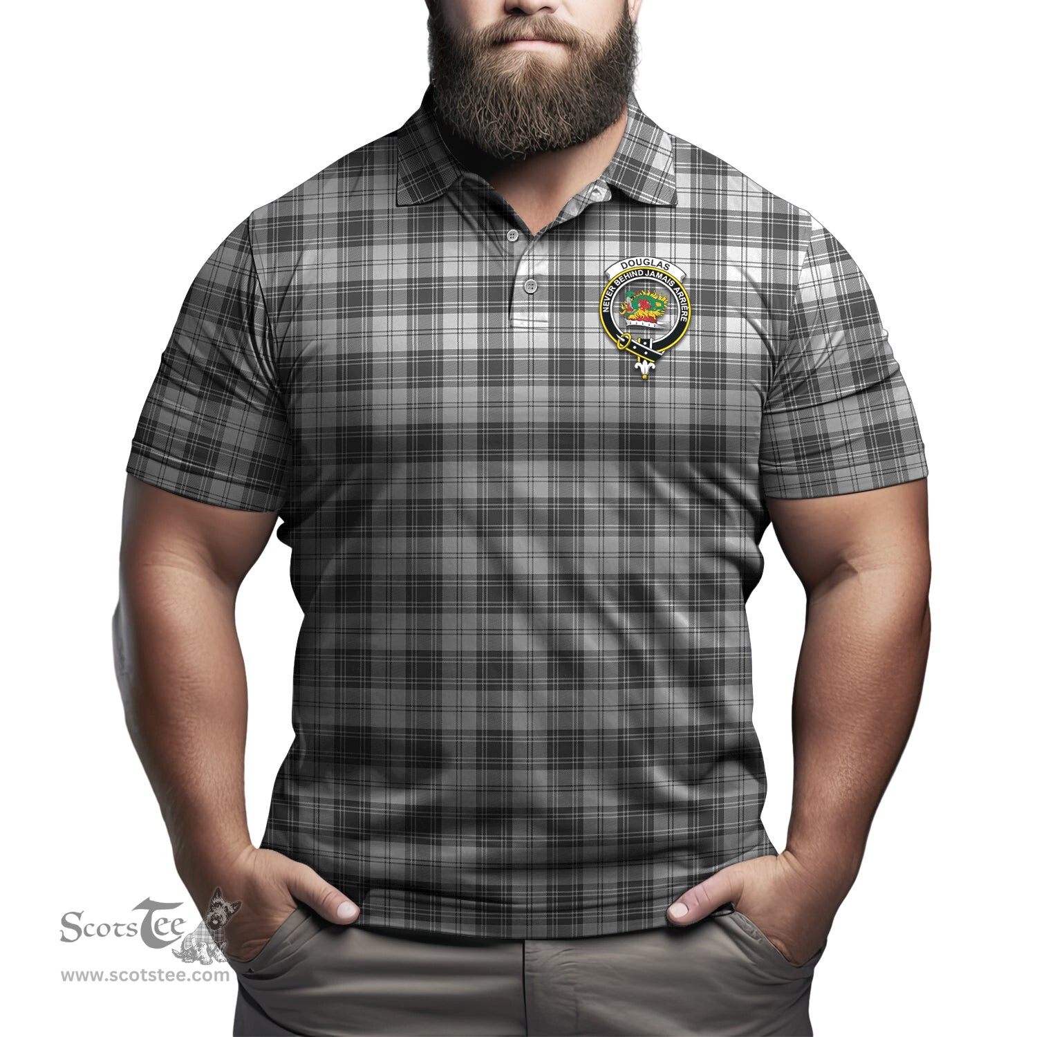 Scottish Douglas Grey Modern Tartan Mens Polo Shirt with Family Crest Scottish Polo Shirt Scottish Plaid Tartan Plaid - ScotsTee - scotstee.com