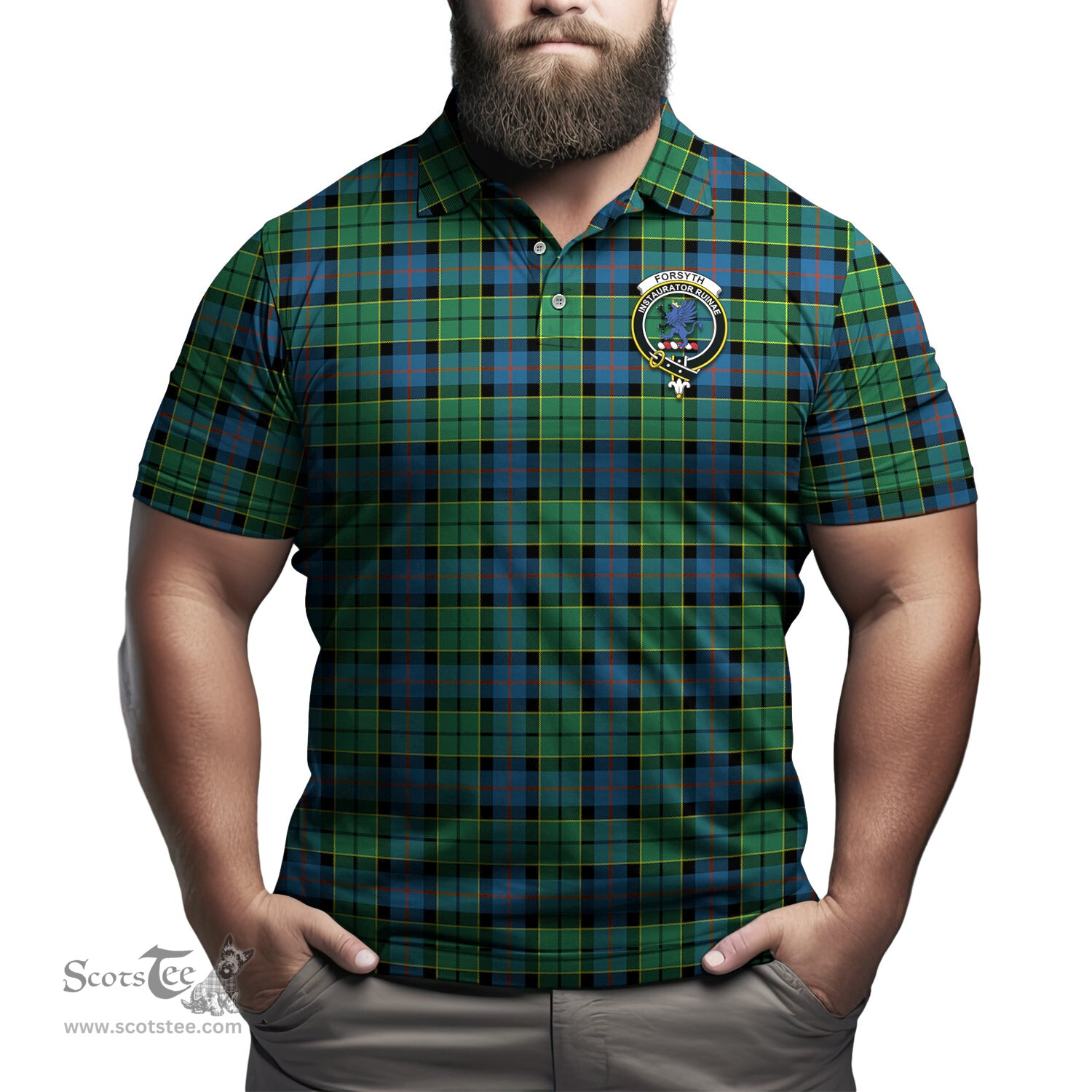 Scottish Forsyth Ancient Tartan Mens Polo Shirt with Family Crest Scottish Polo Shirt Scottish Plaid Tartan Plaid - ScotsTee - scotstee.com