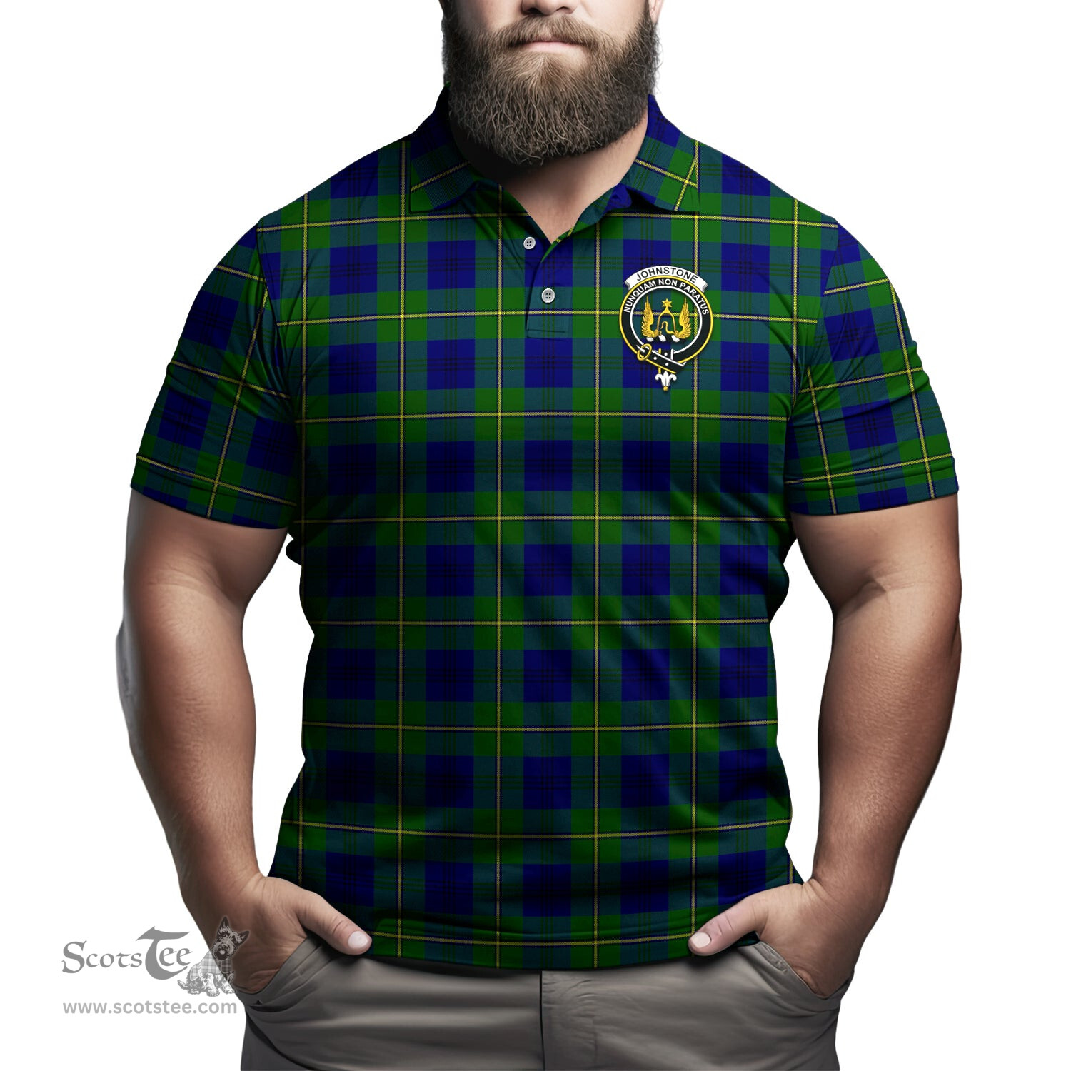 Scottish Johnstone-Johnston Modern Tartan Mens Polo Shirt with Family Crest Scottish Polo Shirt Scottish Plaid Tartan Plaid - ScotsTee - scotstee.com