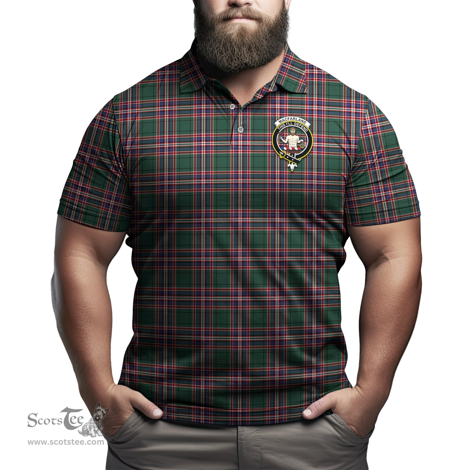 Scottish MacFarlane Hunting Modern Tartan Mens Polo Shirt with Family Crest Scottish Polo Shirt Scottish Plaid Tartan Plaid - ScotsTee - scotstee.com