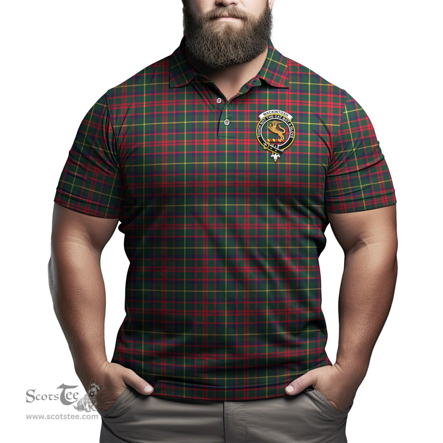 Scottish MacKintosh Hunting Modern Tartan Mens Polo Shirt with Family Crest Scottish Polo Shirt Scottish Plaid Tartan Plaid - ScotsTee - scotstee.com