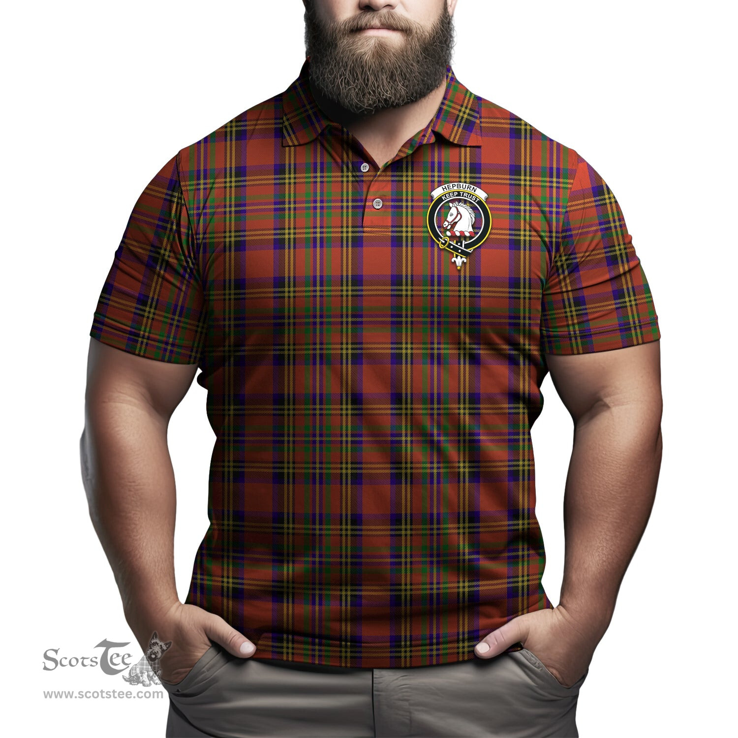Scottish Hepburn Tartan Mens Polo Shirt with Family Crest Scottish Polo Shirt Scottish Plaid Tartan Plaid - ScotsTee - scotstee.com