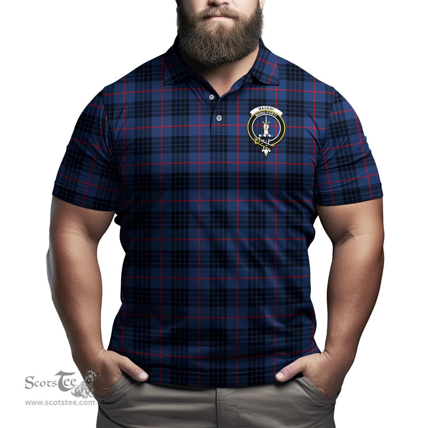 Scottish MacKay Blue Modern Tartan Mens Polo Shirt with Family Crest Scottish Polo Shirt Scottish Plaid Tartan Plaid - ScotsTee - scotstee.com