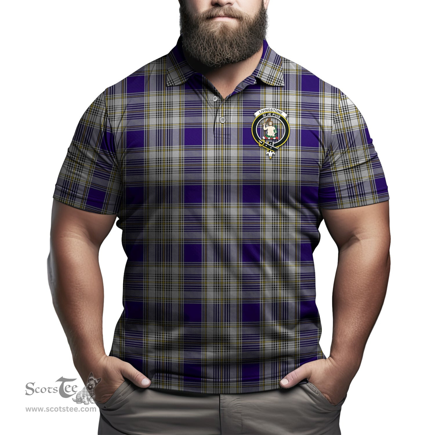 Scottish Livingston Dress Tartan Mens Polo Shirt with Family Crest Scottish Polo Shirt Scottish Plaid Tartan Plaid - ScotsTee - scotstee.com