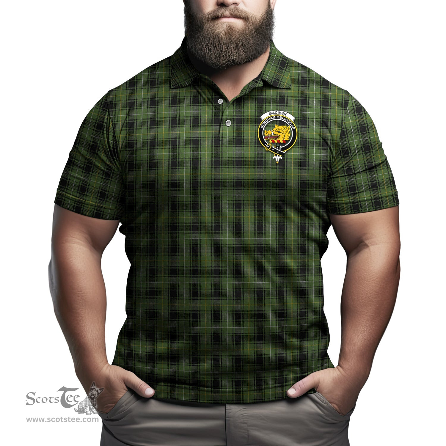 Scottish MacIver Hunting Tartan Mens Polo Shirt with Family Crest Scottish Polo Shirt Scottish Plaid Tartan Plaid - ScotsTee - scotstee.com