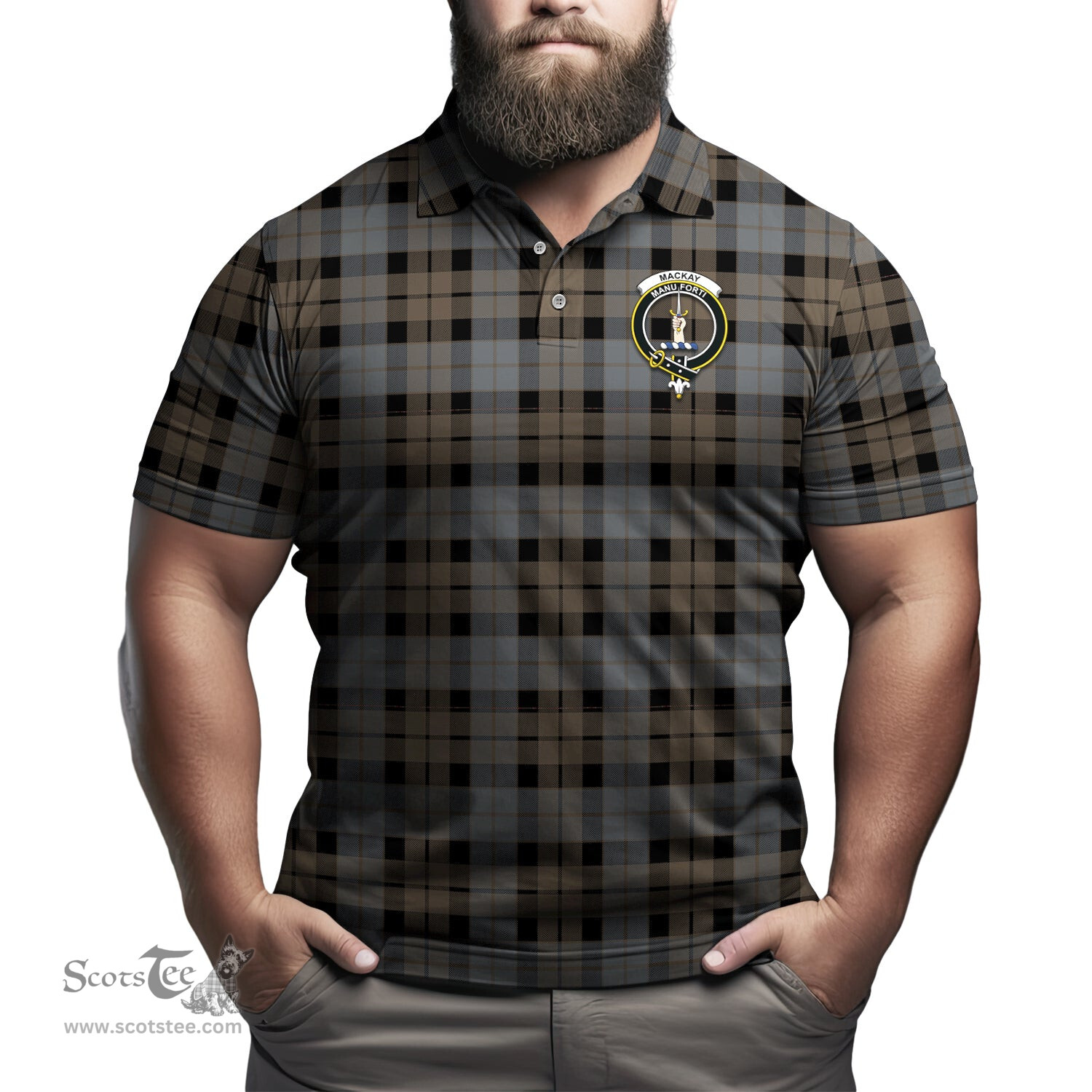 Scottish MacKay Weathered Tartan Mens Polo Shirt with Family Crest Scottish Polo Shirt Scottish Plaid Tartan Plaid - ScotsTee - scotstee.com