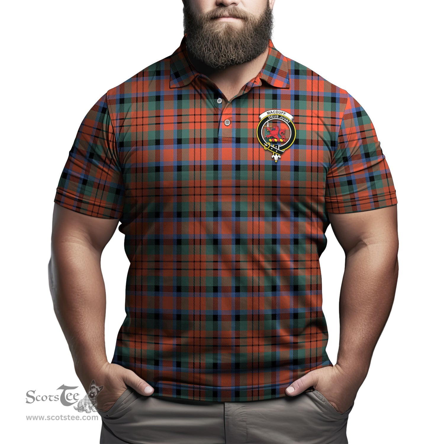 Scottish MacDuff Ancient Tartan Mens Polo Shirt with Family Crest Scottish Polo Shirt Scottish Plaid Tartan Plaid - ScotsTee - scotstee.com