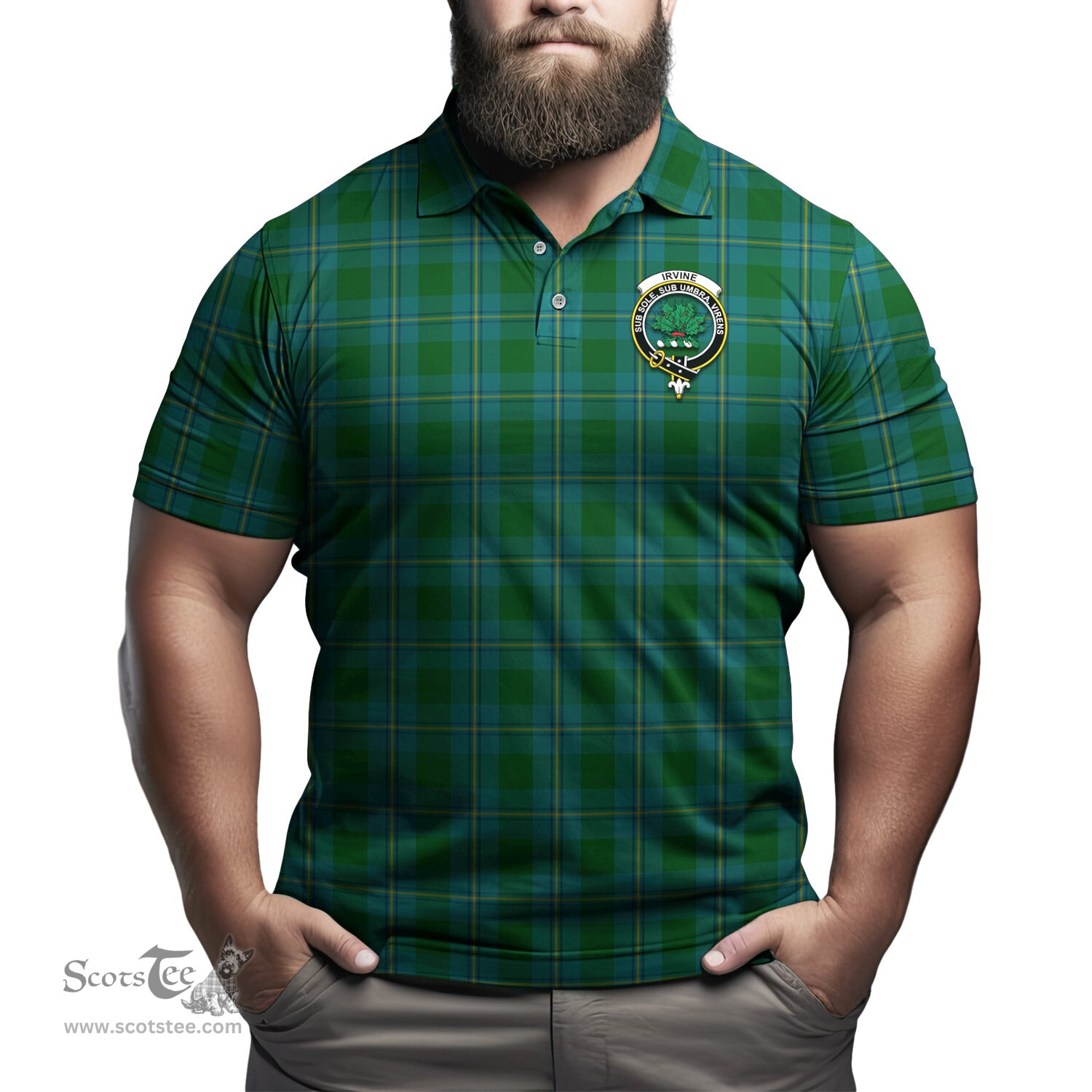 Scottish Irvine of Bonshaw Tartan Mens Polo Shirt with Family Crest Scottish Polo Shirt Scottish Plaid Tartan Plaid - ScotsTee - scotstee.com