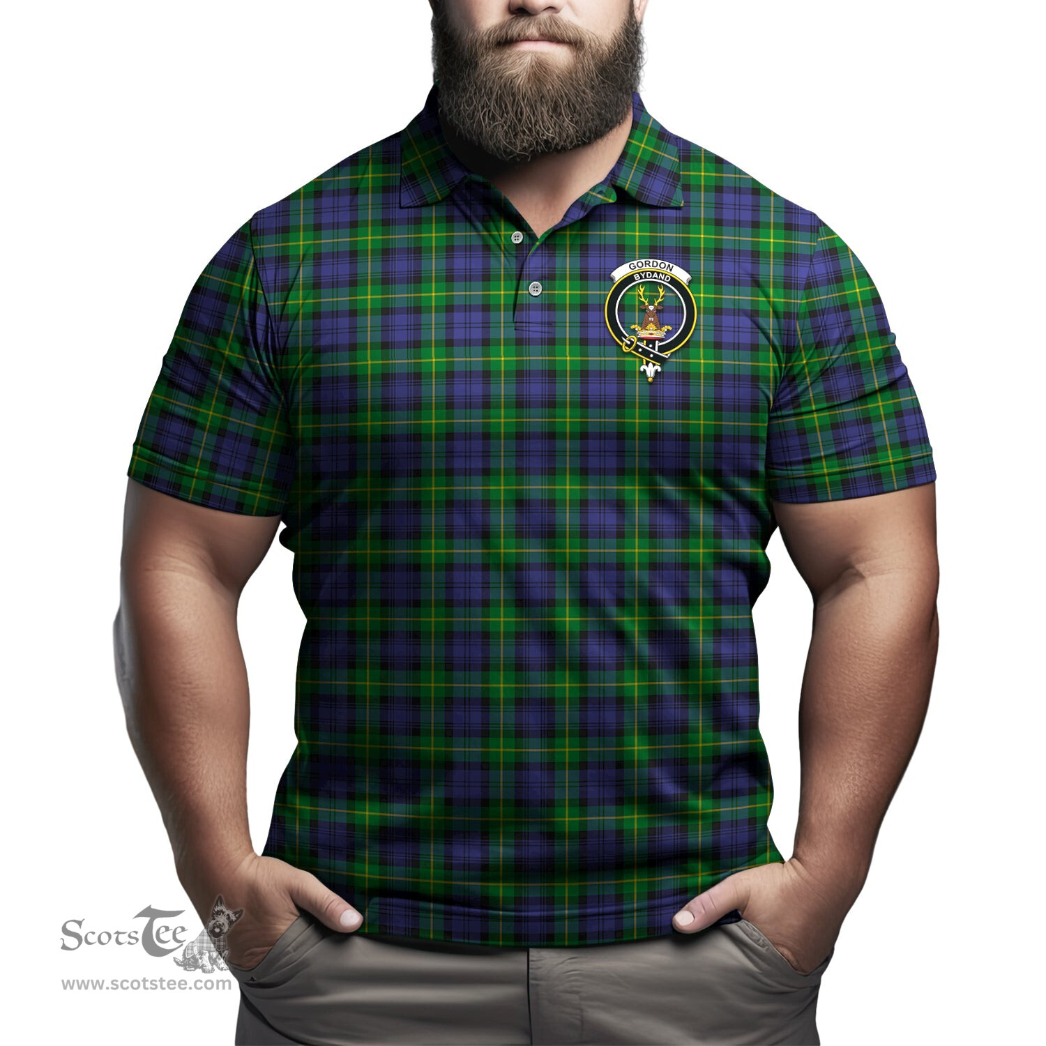 Scottish Gordon Modern Tartan Mens Polo Shirt with Family Crest Scottish Polo Shirt Scottish Plaid Tartan Plaid - ScotsTee - scotstee.com