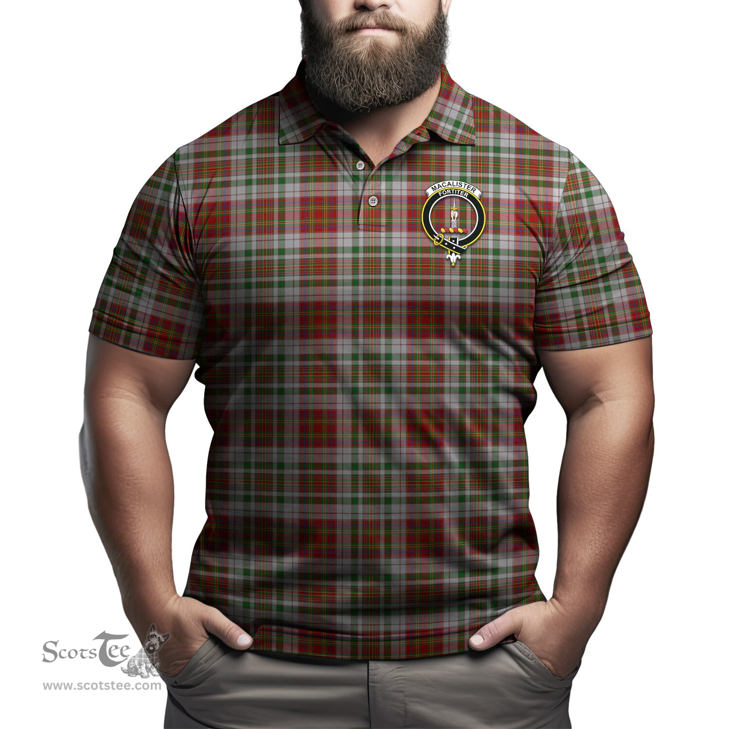 Scottish MacAlister Dress Tartan Mens Polo Shirt with Family Crest Scottish Polo Shirt Scottish Plaid Tartan Plaid - ScotsTee - scotstee.com