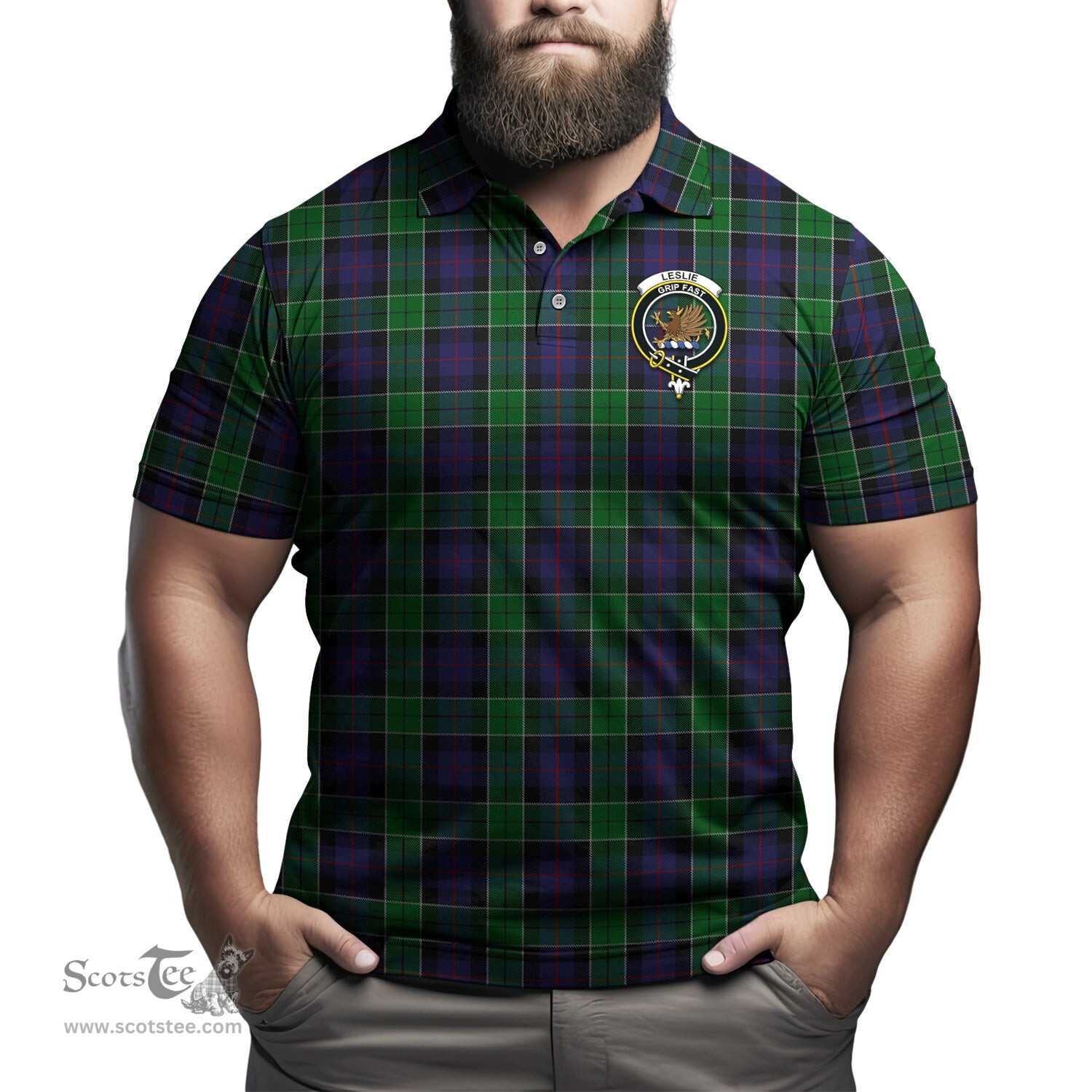 Scottish Leslie Hunting Tartan Mens Polo Shirt with Family Crest Scottish Polo Shirt Scottish Plaid Tartan Plaid - ScotsTee - scotstee.com