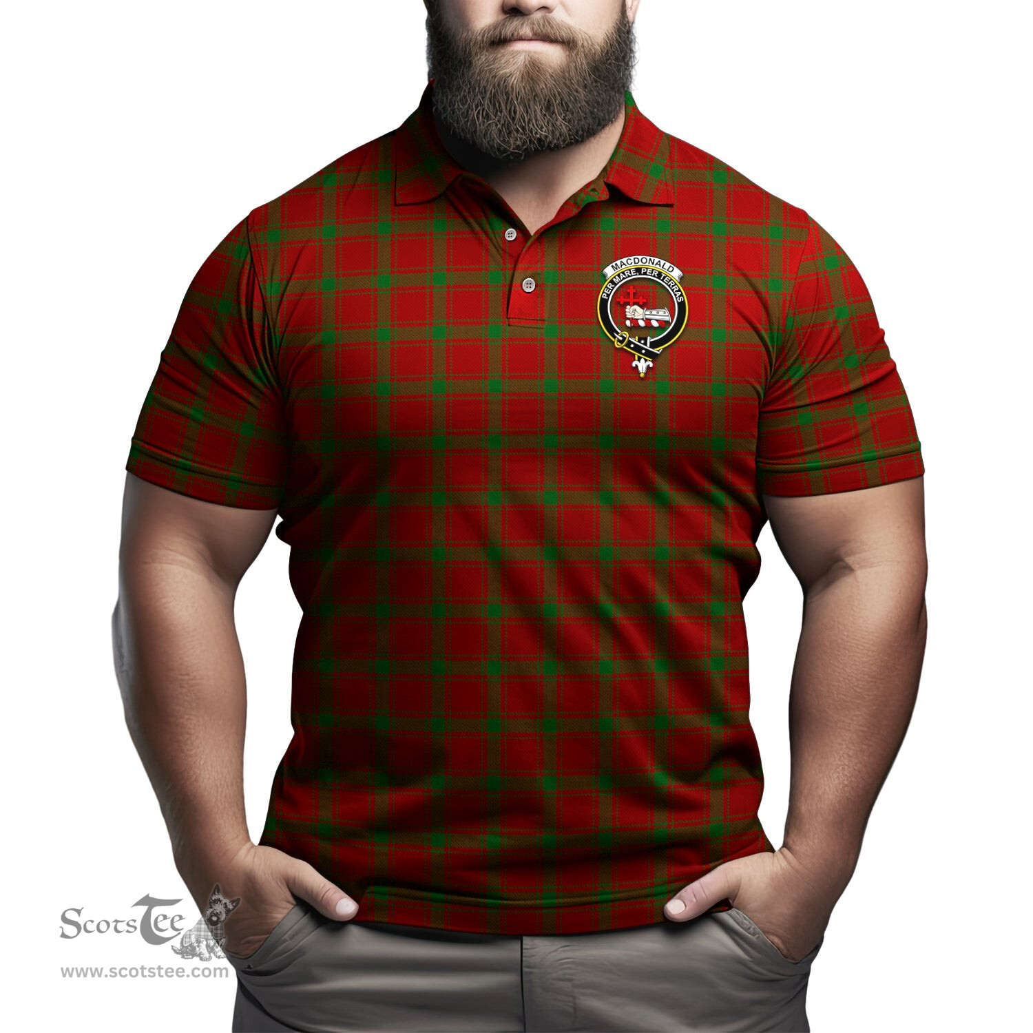 Scottish MacDonald of Sleat Tartan Mens Polo Shirt with Family Crest Scottish Polo Shirt Scottish Plaid Tartan Plaid - ScotsTee - scotstee.com