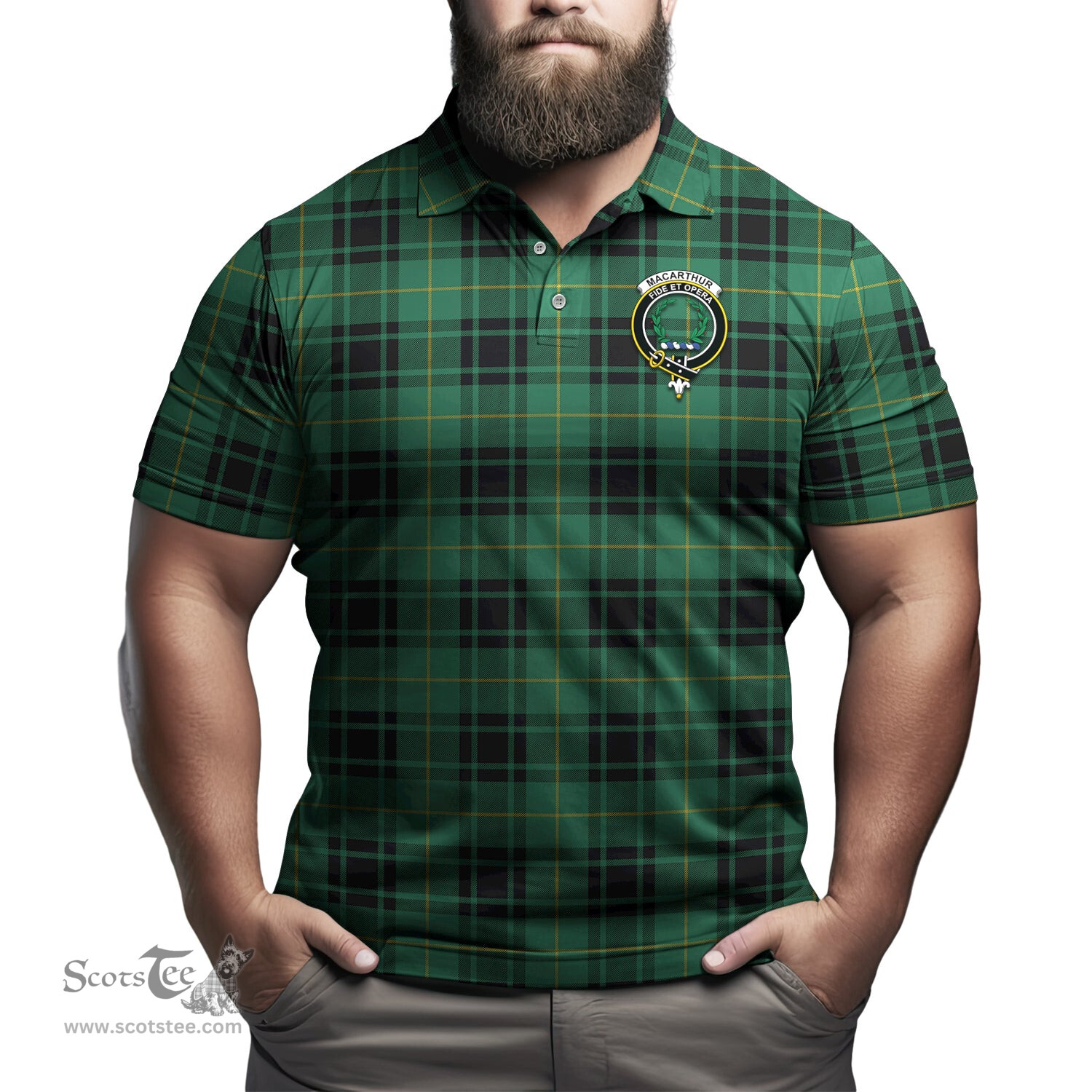 Scottish MacArthur Ancient Tartan Mens Polo Shirt with Family Crest Scottish Polo Shirt Scottish Plaid Tartan Plaid - ScotsTee - scotstee.com