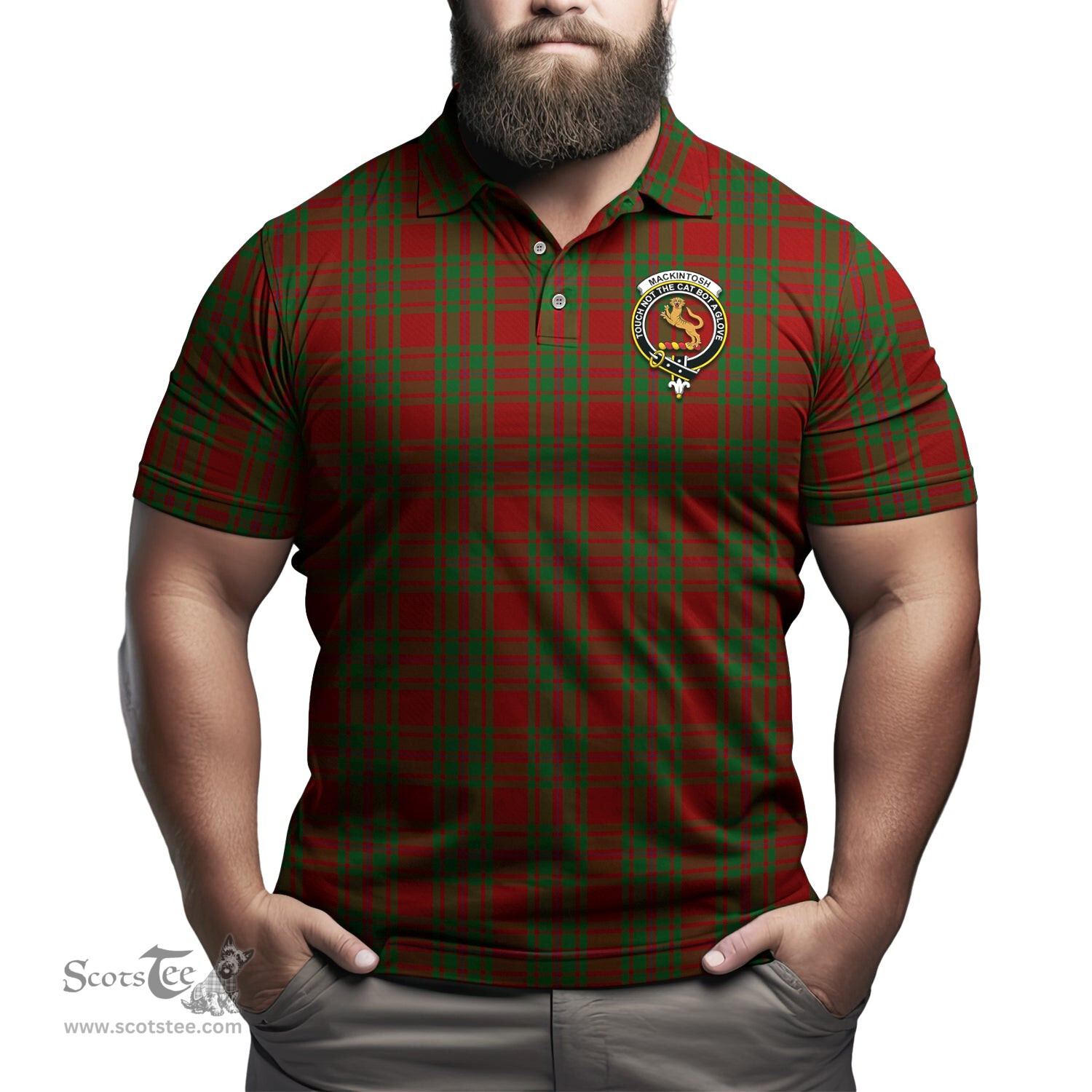 Scottish MacKintosh Red Tartan Mens Polo Shirt with Family Crest Scottish Polo Shirt Scottish Plaid Tartan Plaid - ScotsTee - scotstee.com