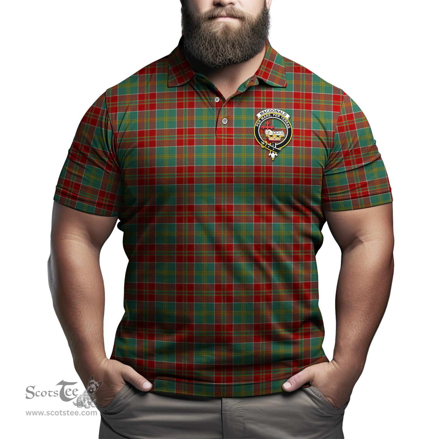 Scottish MacDonald of Kingsburgh Tartan Mens Polo Shirt with Family Crest Scottish Polo Shirt Scottish Plaid Tartan Plaid - ScotsTee - scotstee.com