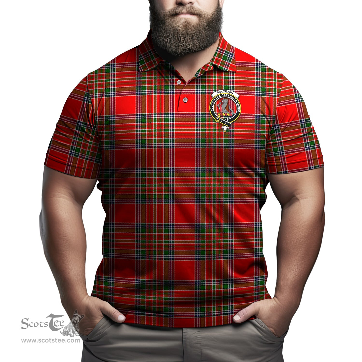 Scottish MacBain Tartan Mens Polo Shirt with Family Crest Scottish Polo Shirt Scottish Plaid Tartan Plaid - ScotsTee - scotstee.com