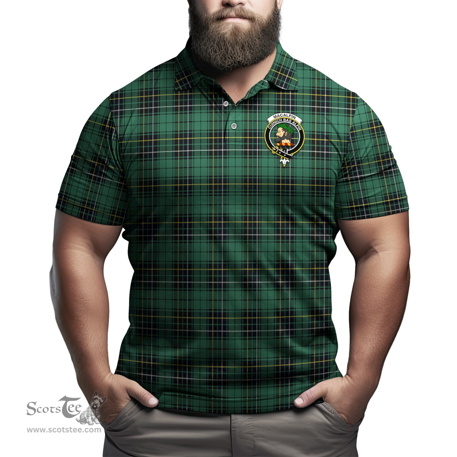 Scottish MacAlpin Ancient Tartan Mens Polo Shirt with Family Crest Scottish Polo Shirt Scottish Plaid Tartan Plaid - ScotsTee - scotstee.com