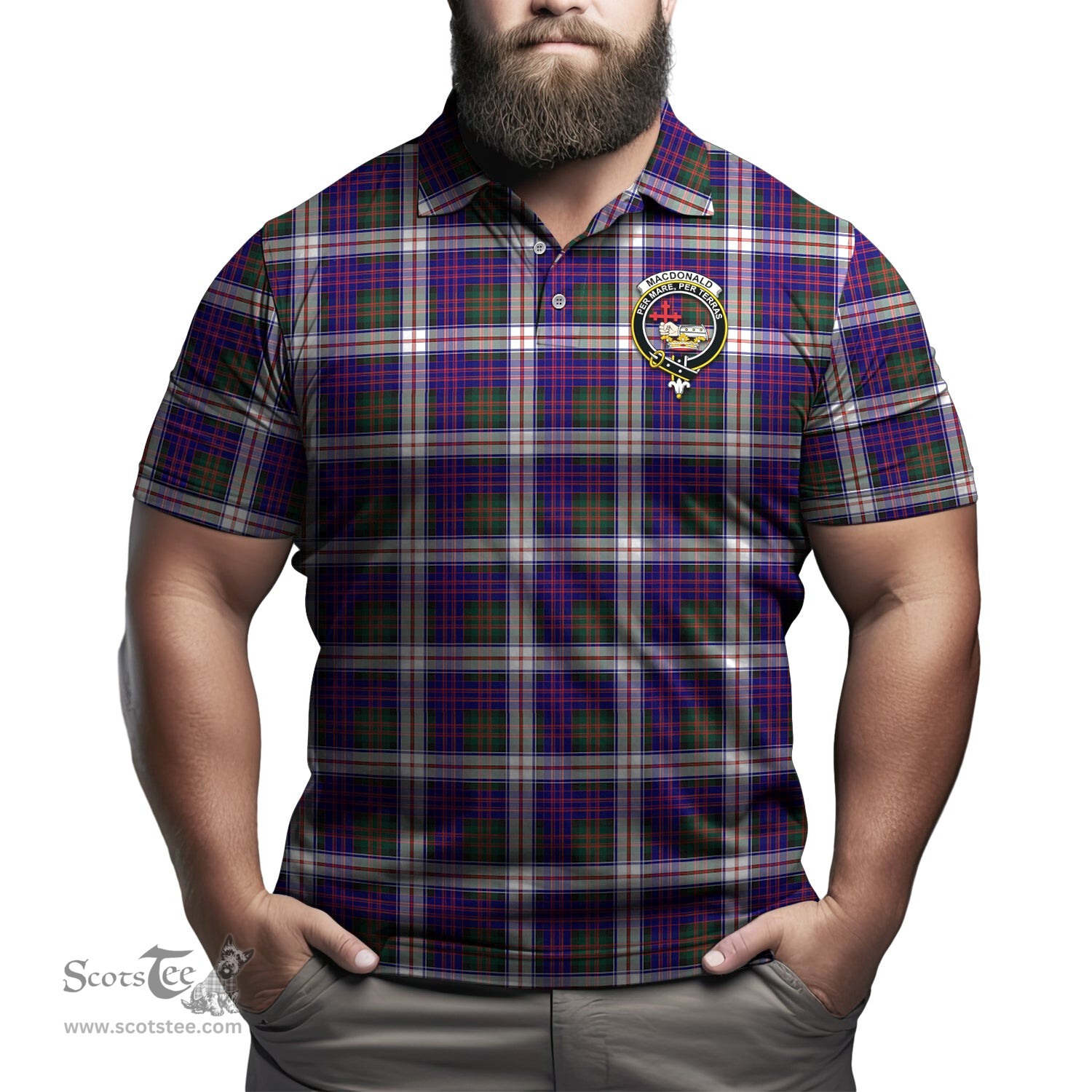 Scottish MacDonald Dress Modern Tartan Mens Polo Shirt with Family Crest Scottish Polo Shirt Scottish Plaid Tartan Plaid - ScotsTee - scotstee.com