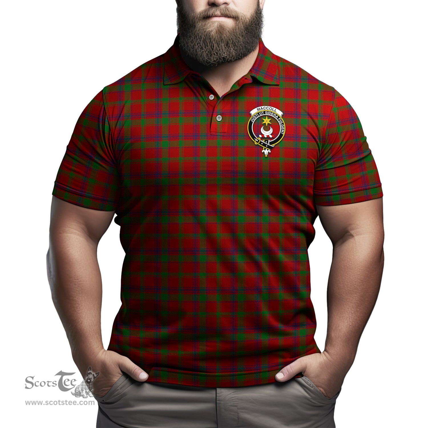 Scottish MacColl Tartan Mens Polo Shirt with Family Crest Scottish Polo Shirt Scottish Plaid Tartan Plaid - ScotsTee - scotstee.com