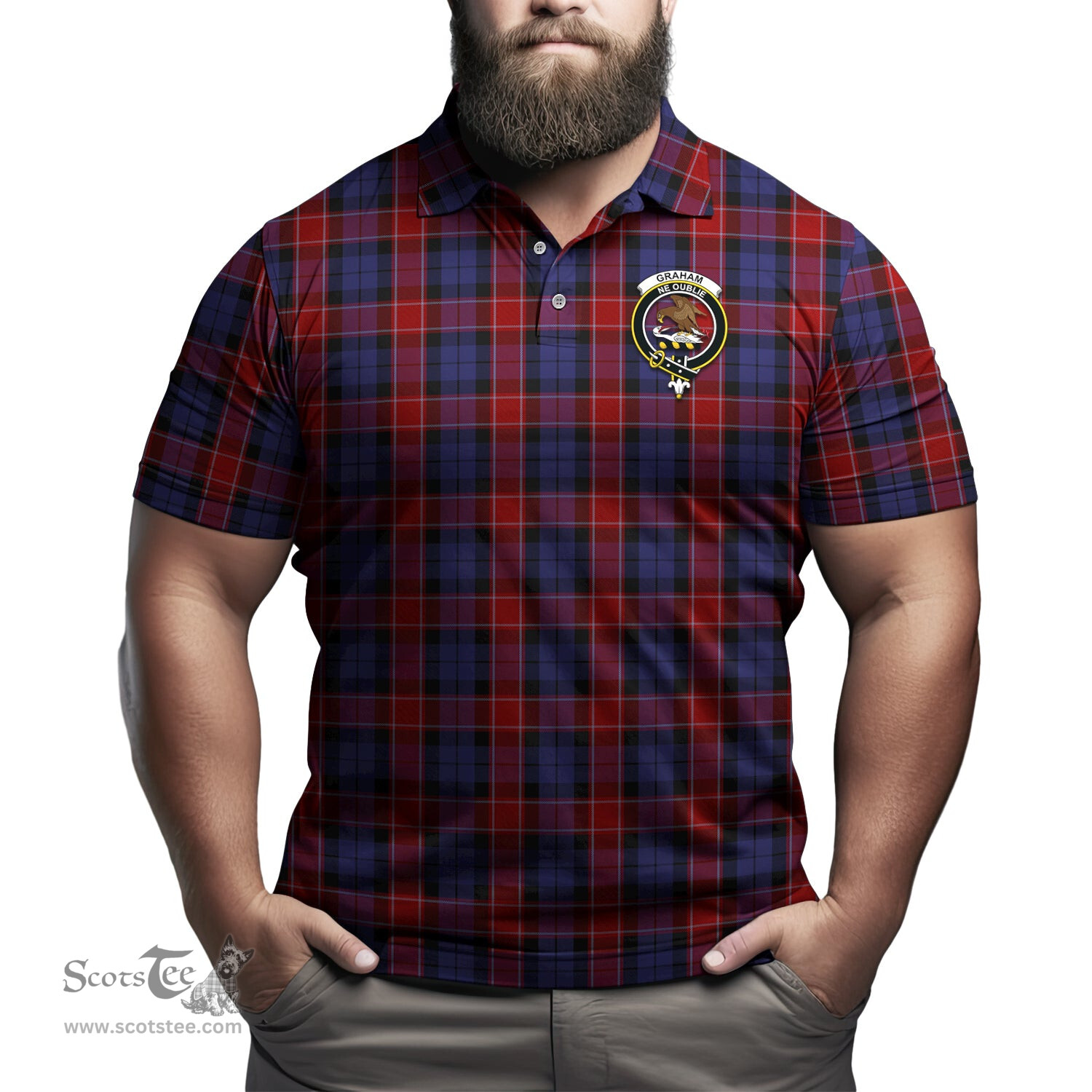 Scottish Graham of Menteith Red Tartan Mens Polo Shirt with Family Crest Scottish Polo Shirt Scottish Plaid Tartan Plaid - ScotsTee - scotstee.com