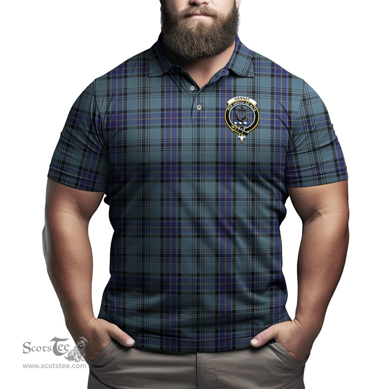 Scottish Hannay Blue Tartan Mens Polo Shirt with Family Crest Scottish Polo Shirt Scottish Plaid Tartan Plaid - ScotsTee - scotstee.com