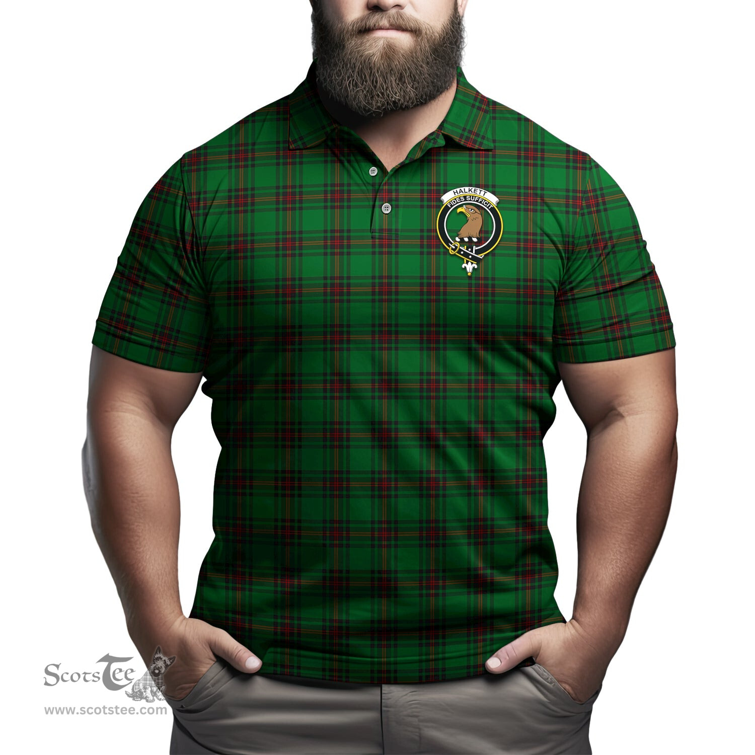 Scottish Halkett Tartan Mens Polo Shirt with Family Crest Scottish Polo Shirt Scottish Plaid Tartan Plaid - ScotsTee - scotstee.com