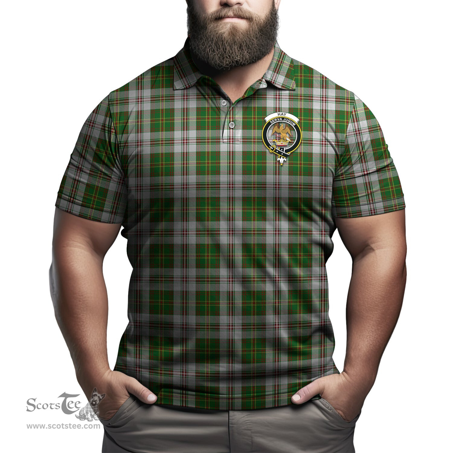 Scottish Hay White Dress Tartan Mens Polo Shirt with Family Crest Scottish Polo Shirt Scottish Plaid Tartan Plaid - ScotsTee - scotstee.com