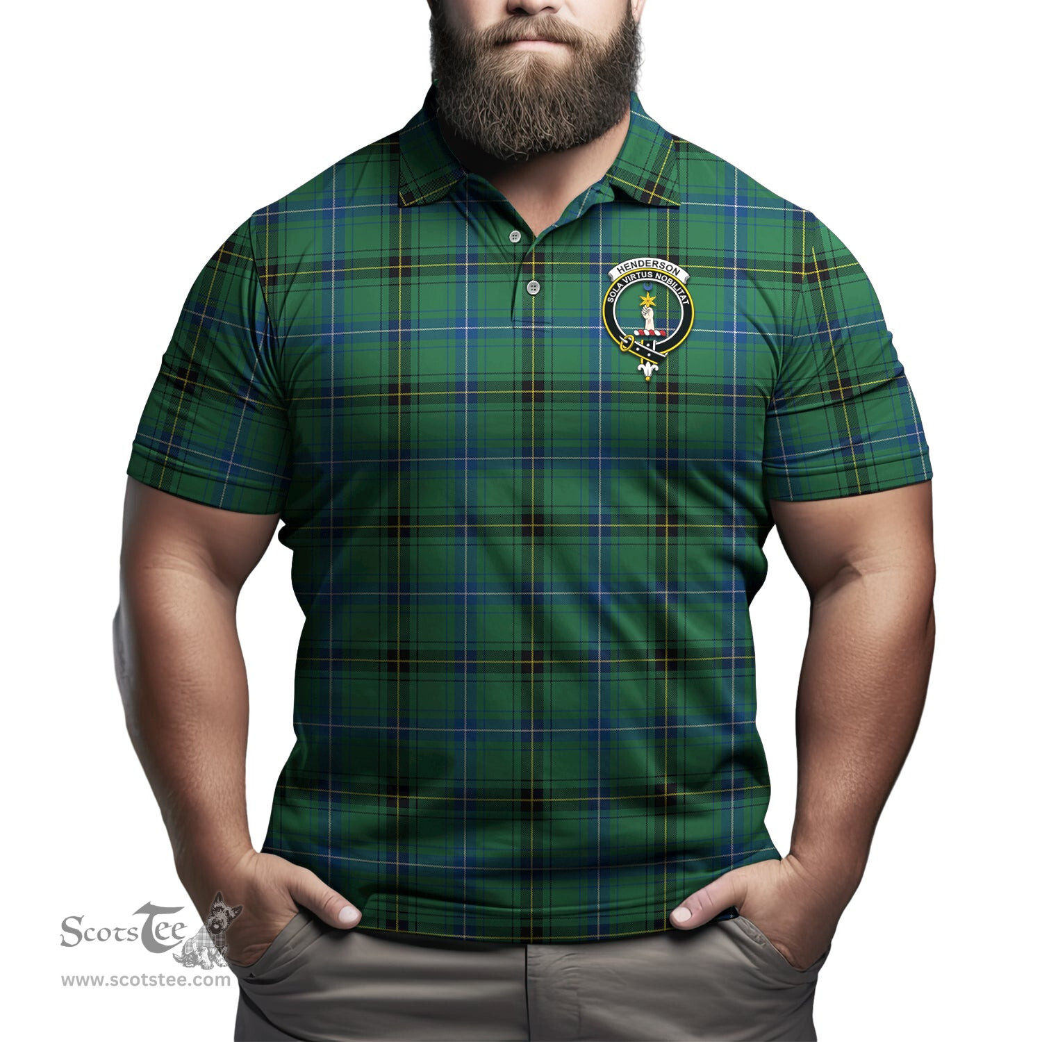 Scottish Henderson Ancient Tartan Mens Polo Shirt with Family Crest Scottish Polo Shirt Scottish Plaid Tartan Plaid - ScotsTee - scotstee.com