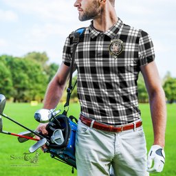 Scottish MacFarlane Black White Tartan Mens Polo Shirt with Family Crest Scottish Polo Shirt Scottish Plaid Tartan Plaid - ScotsTee - scotstee.com