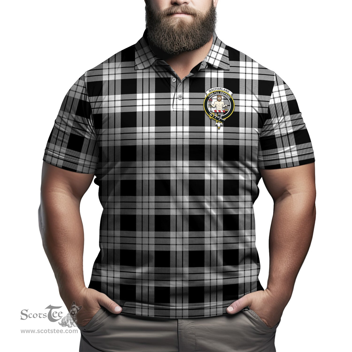 Scottish MacFarlane Black White Tartan Mens Polo Shirt with Family Crest Scottish Polo Shirt Scottish Plaid Tartan Plaid - ScotsTee - scotstee.com