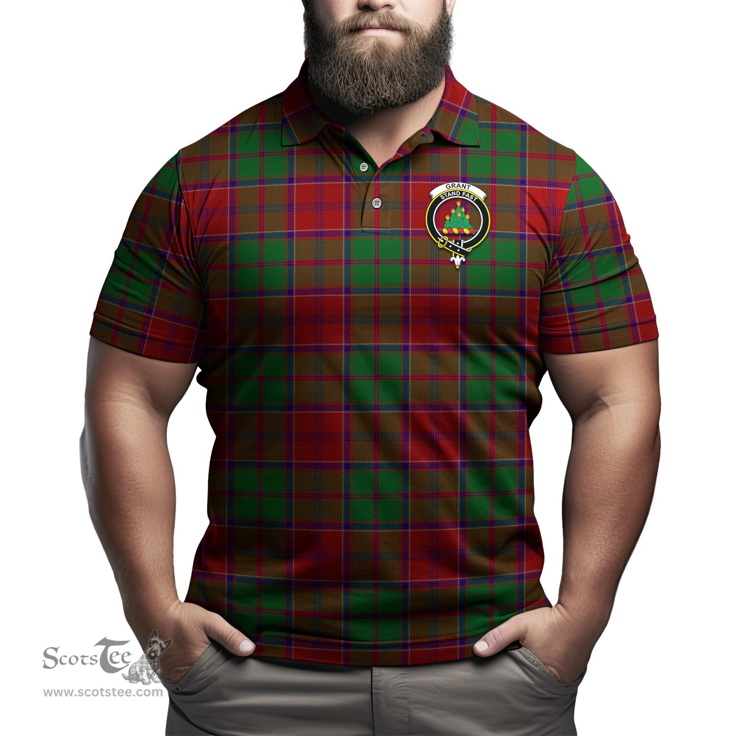 Scottish Grant Tartan Mens Polo Shirt with Family Crest Scottish Polo Shirt Scottish Plaid Tartan Plaid - ScotsTee - scotstee.com